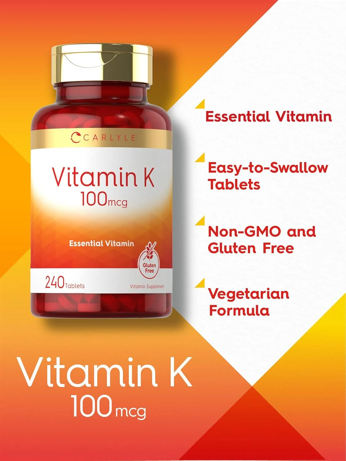 کارلایل ویتامین K 100 میکروگرم | 240 قرص | گیاهی، غیر GMO، بدون گلوتن | مکمل ویتامین K |