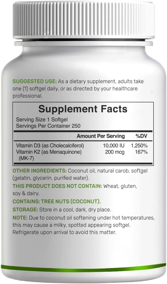 مکمل ویتامین D3 10000 واحد بین المللی + K2 MK7 200 میکروگرم، غنی شده با روغن نارگیل بکر، 250 سافت ژل، ویتامین D و K با قدرت دو برابر، تقویت سلامت قلب، استخوان و دندان - بلع بسیار آسان مکمل ویتامین D3 10000 واحد بین المللی + K2 MK7 200 میکروگرم، غنی شده با روغن نارگیل بکر، 250 سافت ژل، ویتامین D و K با قدرت دو برابر، تقویت سلامت قلب، استخوان و دندان - بلع بسیار آسان