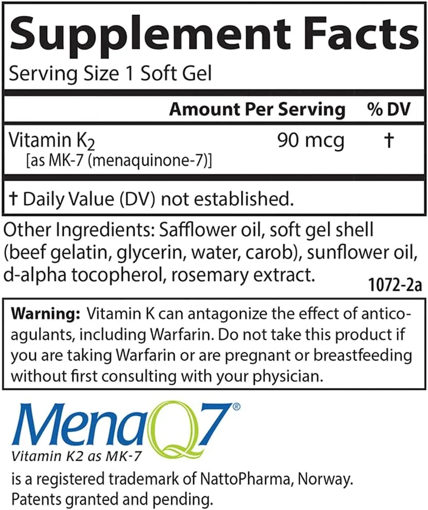 Carlson - Vitamin K2 MK-7 (Menaquinone), 90 mcg, Bone Support, Calcium Bioavailability, K2 Vitamin, Vitamin K-2, 120 Softgels