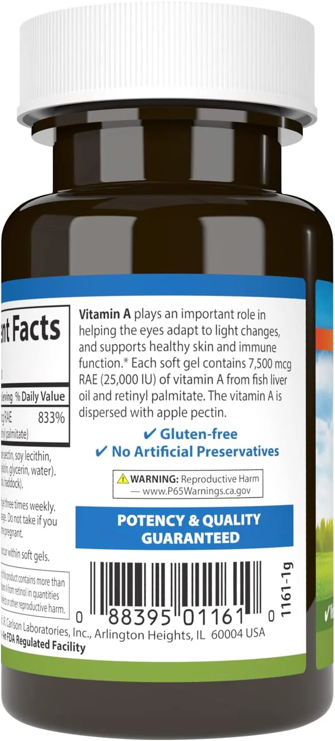 Carlson - Vitamin A, 25000 IU (7500 mcg RAE) with Pectin, Vision Health, Helps Night Vision, Skin Health, 100 Softgels