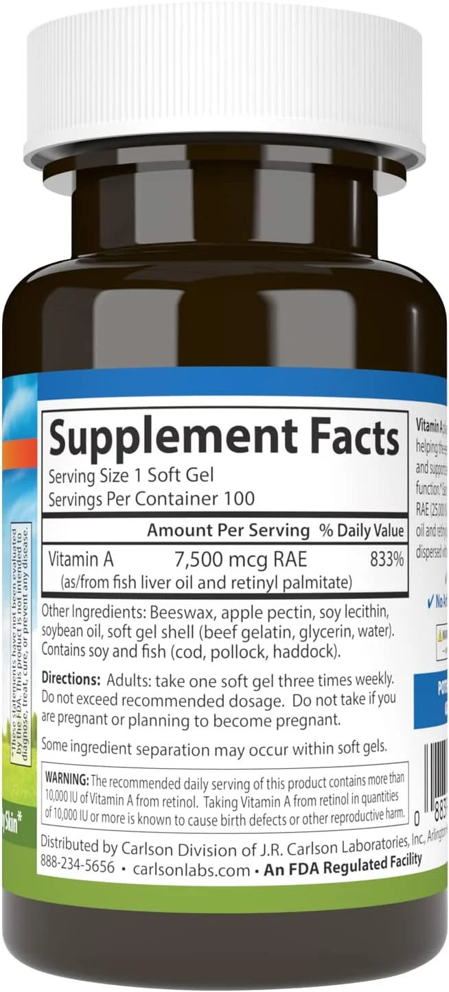 کارلسون - ویتامین آ، 25000 واحد بین المللی (7500 میکروگرم RAE) به همراه پکتین، سلامت بینایی، کمک به دید در شب، سلامت پوست، 100 سافت ژل کارلسون - ویتامین آ، 25000 واحد بین المللی (7500 میکروگرم RAE) به همراه پکتین، سلامت بینایی، کمک به دید در شب، سلامت پوست، 100 سافت ژل