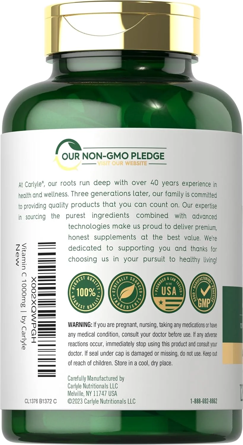 کارلایل ویتامین C 1000 میلی گرم | رهش زمانی | 120 کپسول گیاهی | به همراه گل رز | مکمل غیر GMO و بدون گلوتن