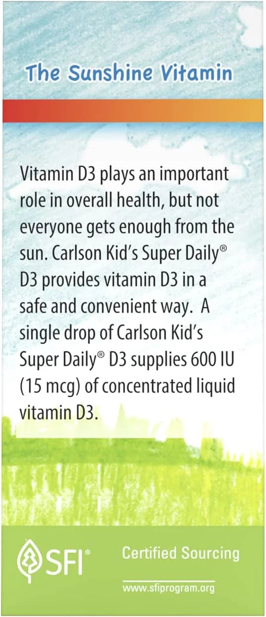 کارلسون، Super Daily® D3 کودکان، 15 میکروگرم (600 واحد بین المللی)، 2.54 میلی لیتر