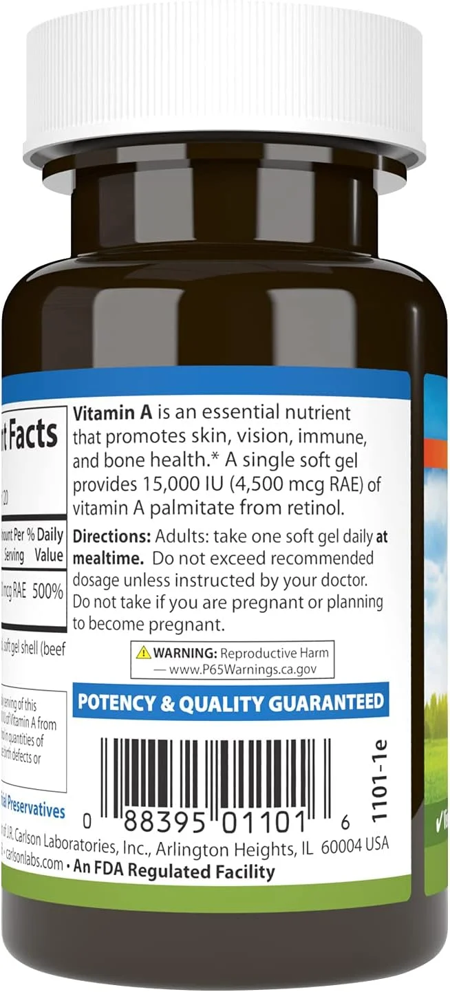 کارلسون - ویتامین آ، 15000 واحد بین المللی پالمیتات (4500 میکروگرم RAE)، سلامت بینایی، پوست سالم، 120 سافت ژل کارلسون - ویتامین آ، 15000 واحد بین المللی پالمیتات (4500 میکروگرم RAE)، سلامت بینایی، پوست سالم، 120 سافت ژل