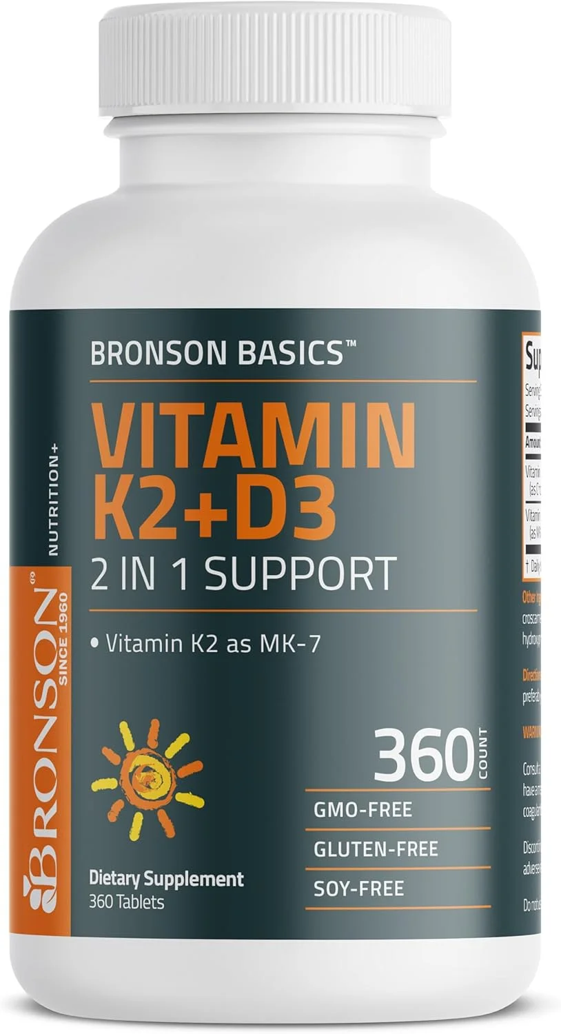 مکمل ویتامین K2 D3 برونسون (MK7)، فرمول غیر GMO، ویتامین D3 5000IU (125 میکروگرم) و 90 میکروگرم K2 MK-7، بلع آسان، کمپلکس D و K، 360 قرص مکمل ویتامین K2 D3 برونسون (MK7)، فرمول غیر GMO، ویتامین D3 5000IU (125 میکروگرم) و 90 میکروگرم K2 MK-7، بلع آسان، کمپلکس D و K، 360 قرص