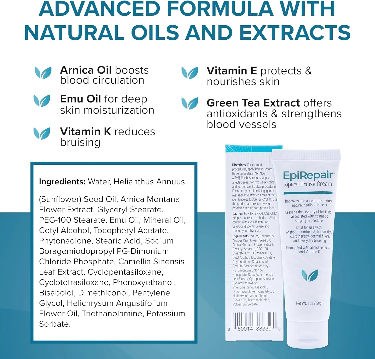 کرم کبودی ممتاز بایودرمیس EpiRepair - آرنیکا و ویتامین K برای جراحی زیبایی و استفاده روزمره - روغن شترمرغ، ویتامین E و عصاره چای سبز