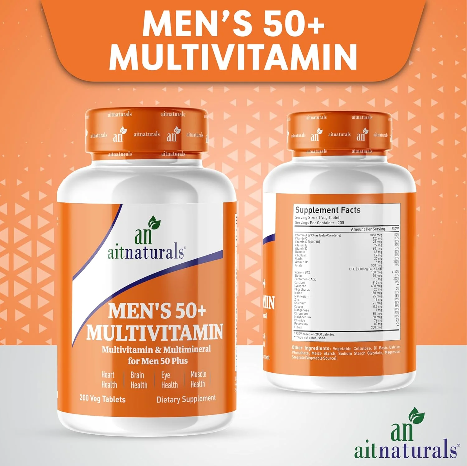 مولتی ویتامین مردانه بالای 50 سال Aitnaturals (200 قرص) | مولتی مینرال با ویتامین A، C، D، B6، B12 E، K و زینک، منیزیم برای بزرگسالان مسن تر | پشتیبانی از حافظه و شناخت، قلب، چشم، عضله و سلامت ایمنی