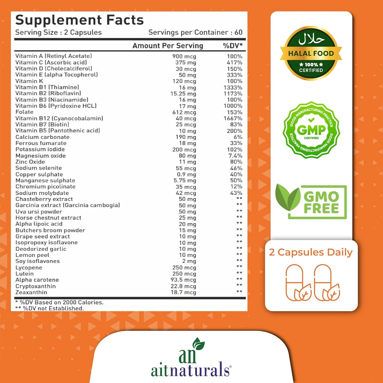 مولتی ویتامین بانوان آیت نچرالز - 120 کپسول | غنی شده با ویتامین A، C، D، E، K، B12، فولات، آهن، کلسیم، منیزیم، بیوتین، روی و ید | پشتیبانی از سلامت استخوان، عضله، انرژی و متابولیسم