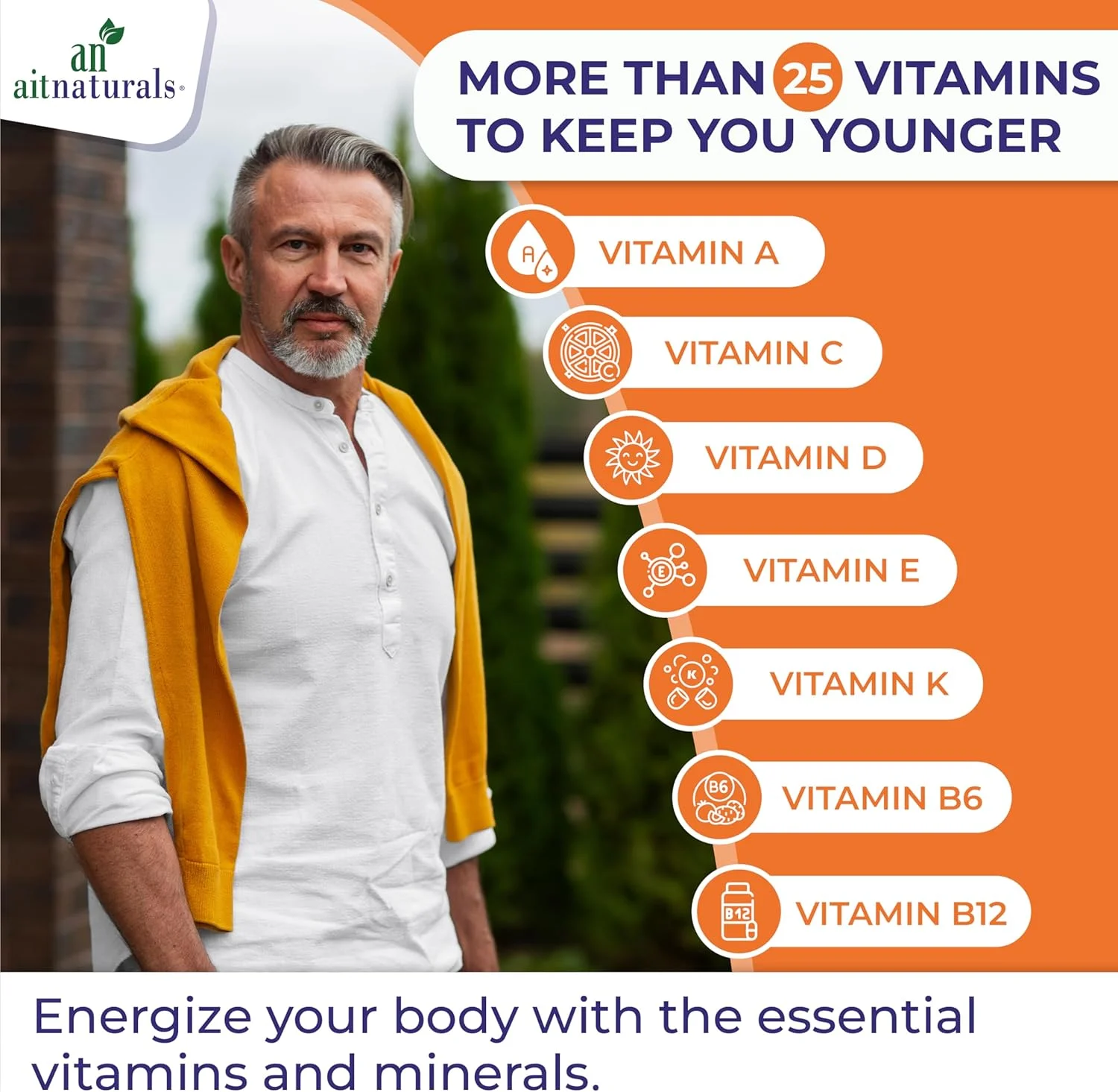 مولتی ویتامین مردانه بالای 50 سال Aitnaturals (200 قرص) | مولتی مینرال با ویتامین A، C، D، B6، B12 E، K و زینک، منیزیم برای بزرگسالان مسن تر | پشتیبانی از حافظه و شناخت، قلب، چشم، عضله و سلامت ایمنی