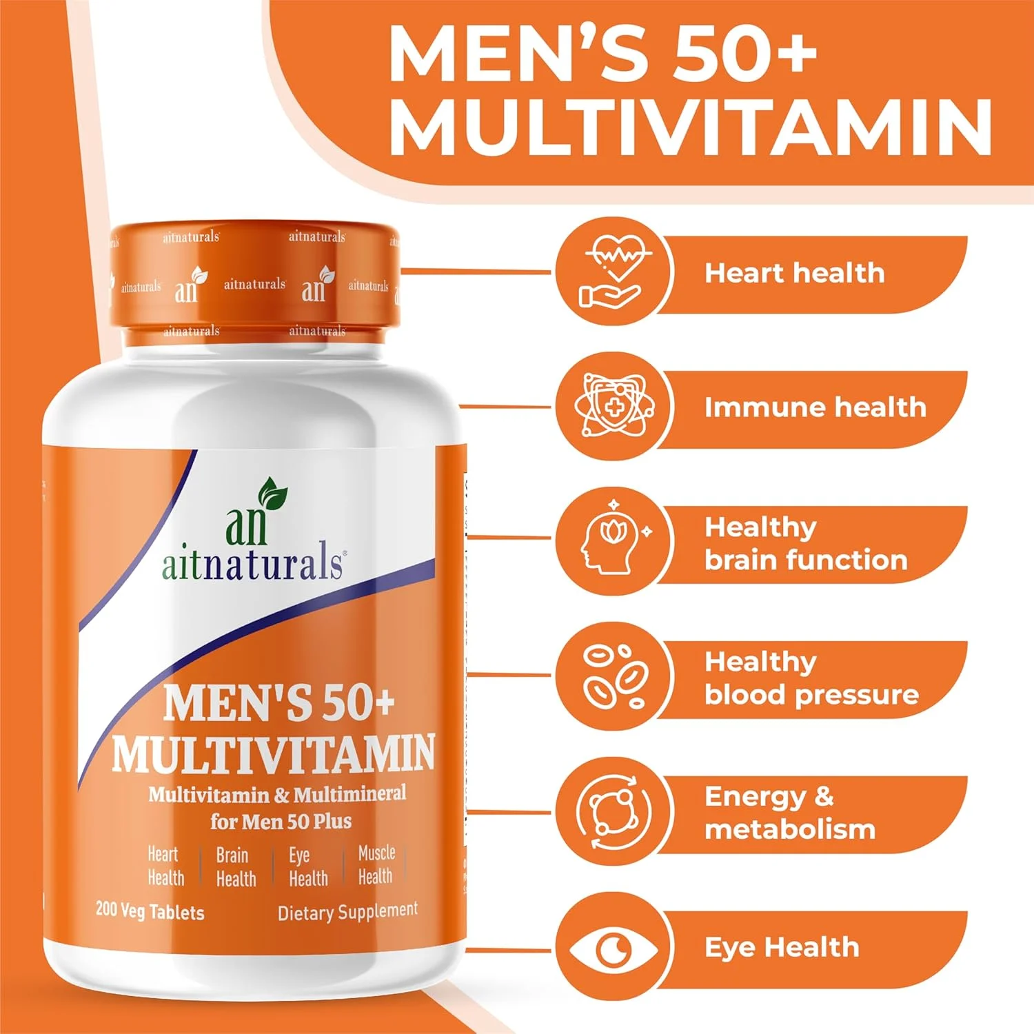 مولتی ویتامین مردانه بالای 50 سال Aitnaturals (200 قرص) | مولتی مینرال با ویتامین A، C، D، B6، B12 E، K و زینک، منیزیم برای بزرگسالان مسن تر | پشتیبانی از حافظه و شناخت، قلب، چشم، عضله و سلامت ایمنی