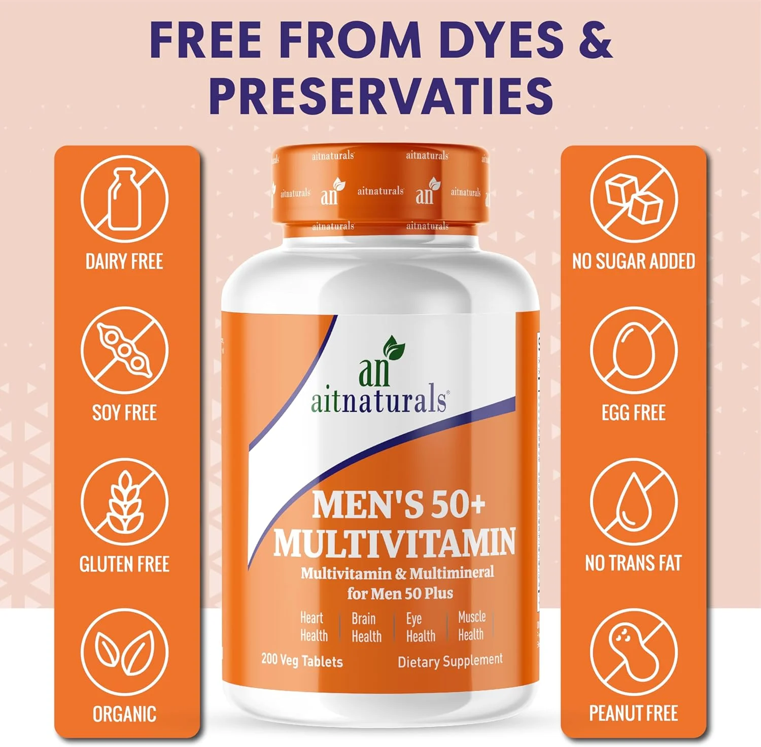 مولتی ویتامین مردانه بالای 50 سال Aitnaturals (200 قرص) | مولتی مینرال با ویتامین A، C، D، B6، B12 E، K و زینک، منیزیم برای بزرگسالان مسن تر | پشتیبانی از حافظه و شناخت، قلب، چشم، عضله و سلامت ایمنی