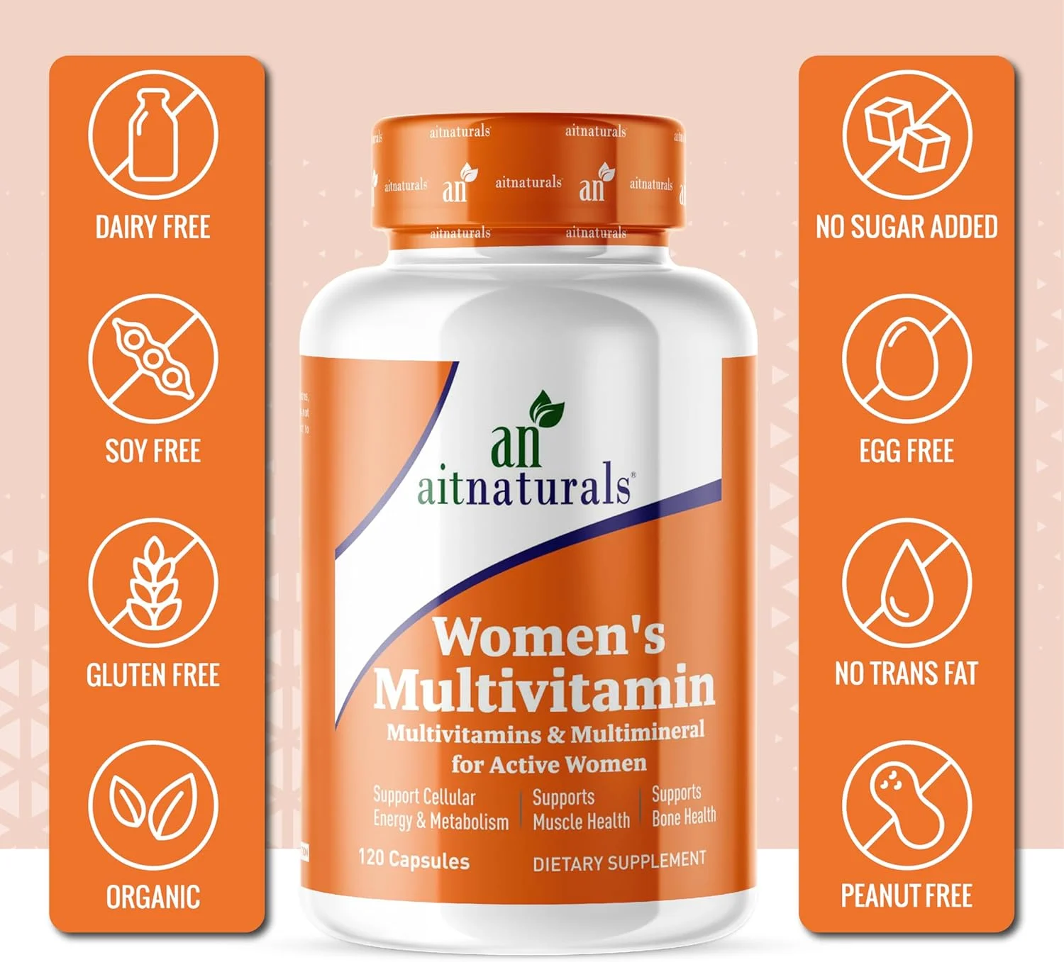 مولتی ویتامین بانوان آیت نچرالز - 120 کپسول | غنی شده با ویتامین A، C، D، E، K، B12، فولات، آهن، کلسیم، منیزیم، بیوتین، روی و ید | پشتیبانی از سلامت استخوان، عضله، انرژی و متابولیسم