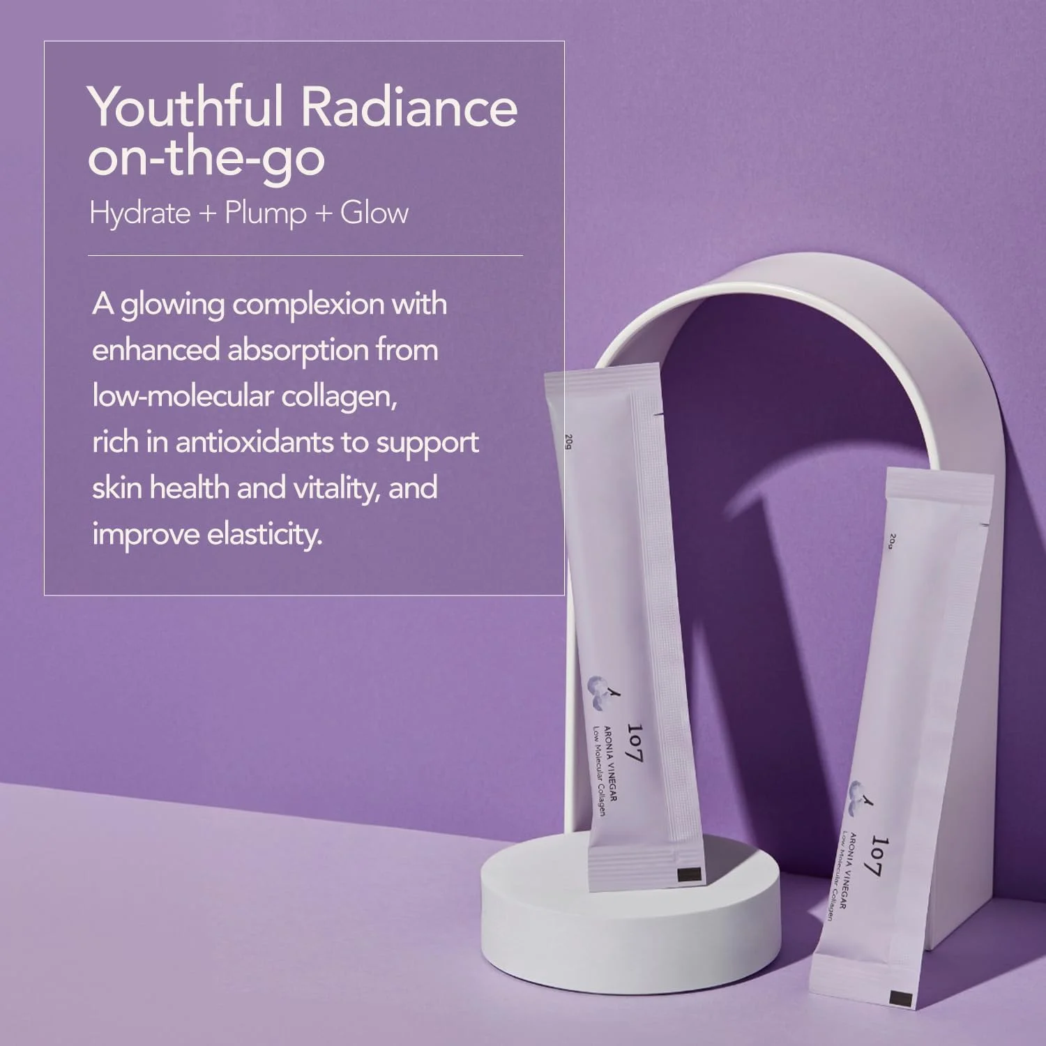 کلاژن مولکولی پایین 107 ARONIA سرکه | استیک ژله ای کلاژن، ویتامین ها، اسید هیالورونیک، پروبیوتیک، K-Beauty 20 گرم x 14 عدد