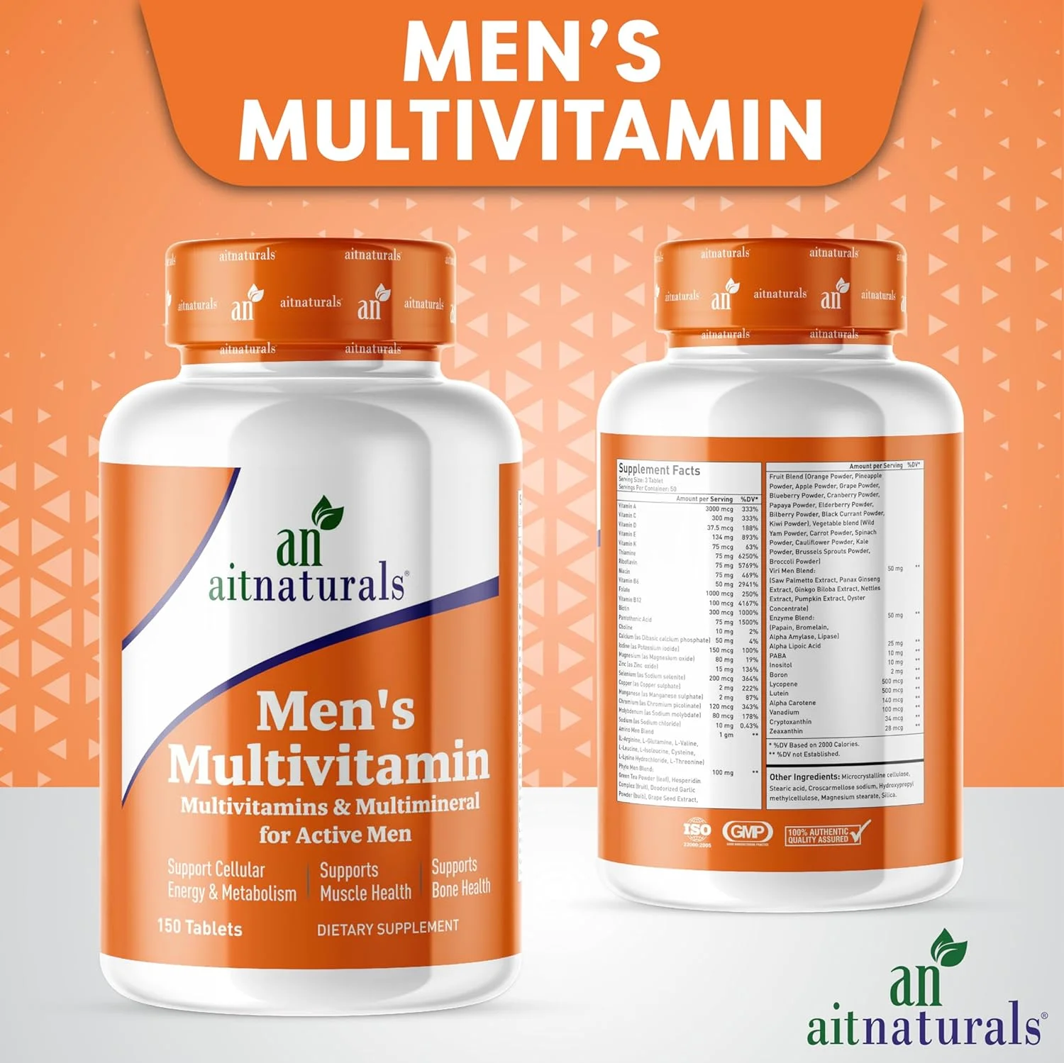 مولتی ویتامین مردانه Aitnaturals - 150 قرص | غنی شده با ویتامین A، C، D، E، K، B12، فولات، آهن، کلسیم، منیزیم، بیوتین، روی و ید | پشتیبانی از سلامت استخوان، عضله، انرژی و متابولیسم