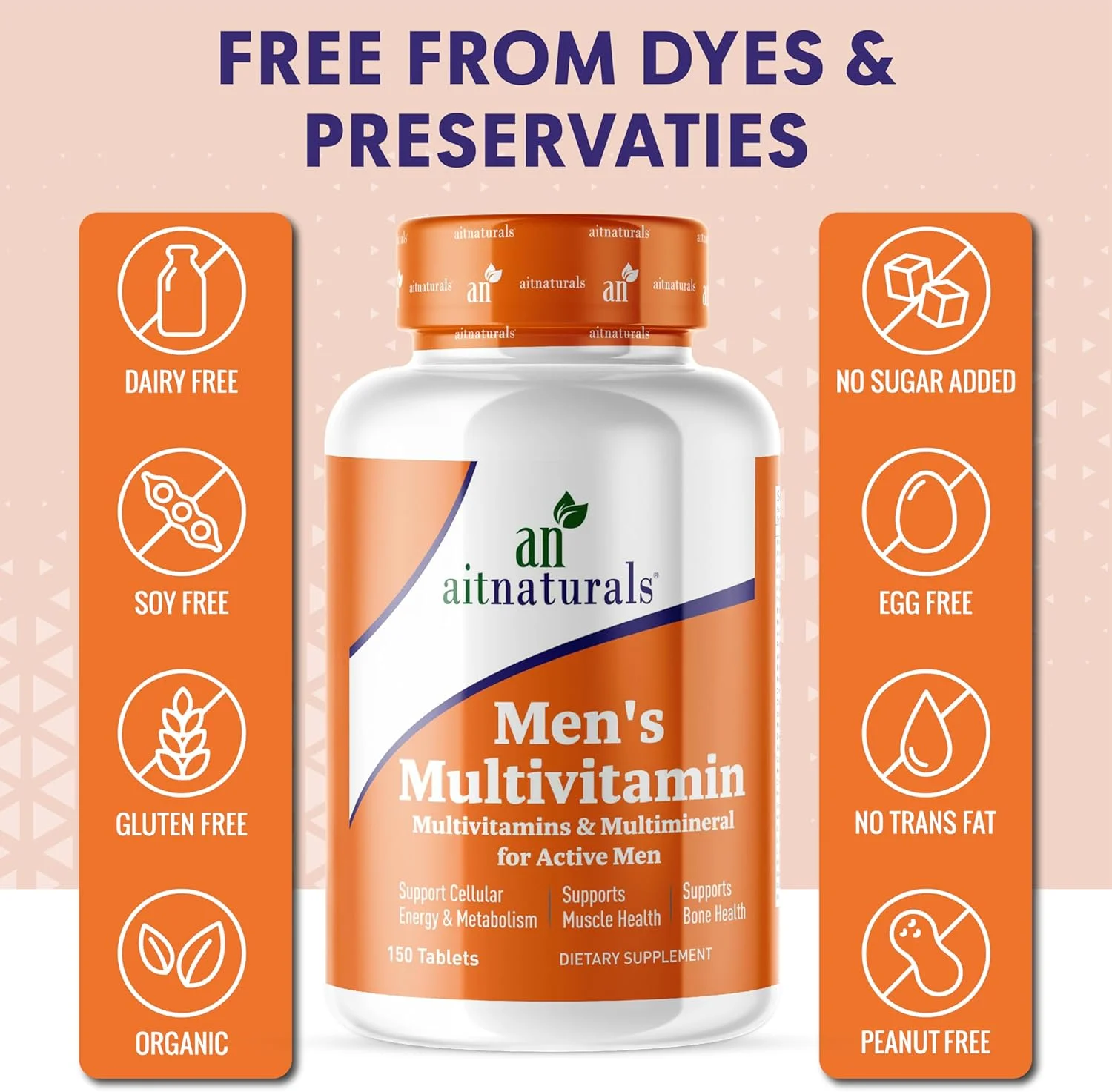 مولتی ویتامین مردانه Aitnaturals - 150 قرص | غنی شده با ویتامین A، C، D، E، K، B12، فولات، آهن، کلسیم، منیزیم، بیوتین، روی و ید | پشتیبانی از سلامت استخوان، عضله، انرژی و متابولیسم