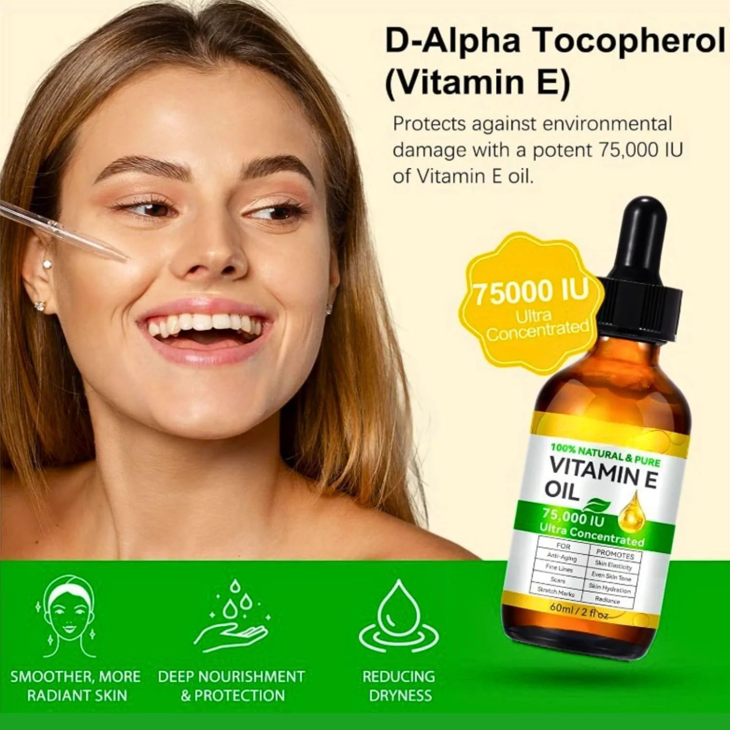 روغن ویتامین ای برای پوست، صورت، جای زخم، مو و ناخن - روغن ویتامین ای ۱۰۰٪ خالص ۷۵۰۰۰ واحد بین المللی - کاهش خطوط ریز و مرطوب کننده پوست - سرم ویتامین ای طبیعی برای جای زخم، خشکی، چین و چروک و ترک های پوستی روغن ویتامین ای برای پوست، صورت، جای زخم، مو و ناخن - روغن ویتامین ای ۱۰۰٪ خالص ۷۵۰۰۰ واحد بین المللی - کاهش خطوط ریز و مرطوب کننده پوست - سرم ویتامین ای طبیعی برای جای زخم، خشکی، چین و چروک و ترک های پوستی