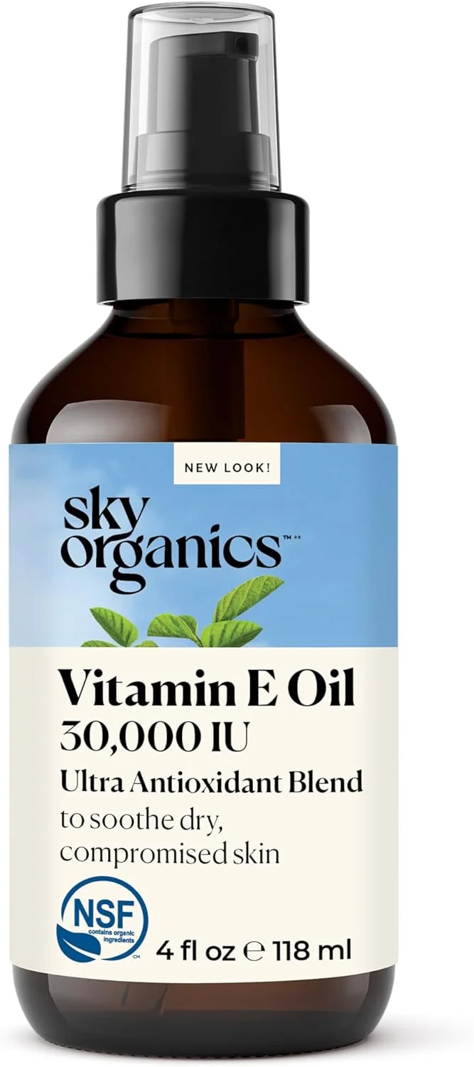روغن ویتامین ای 36000 واحد بین المللی از اسکای ارگانیکس (118 میلی لیتر) روغن ویتامین ای ارگانیک تایید شده، روغن درمانی مرطوب کننده با جوجوبا و گل رز برای جای زخم و ترک های پوستی، سرم صورت و پوست بدون تست حیوانی