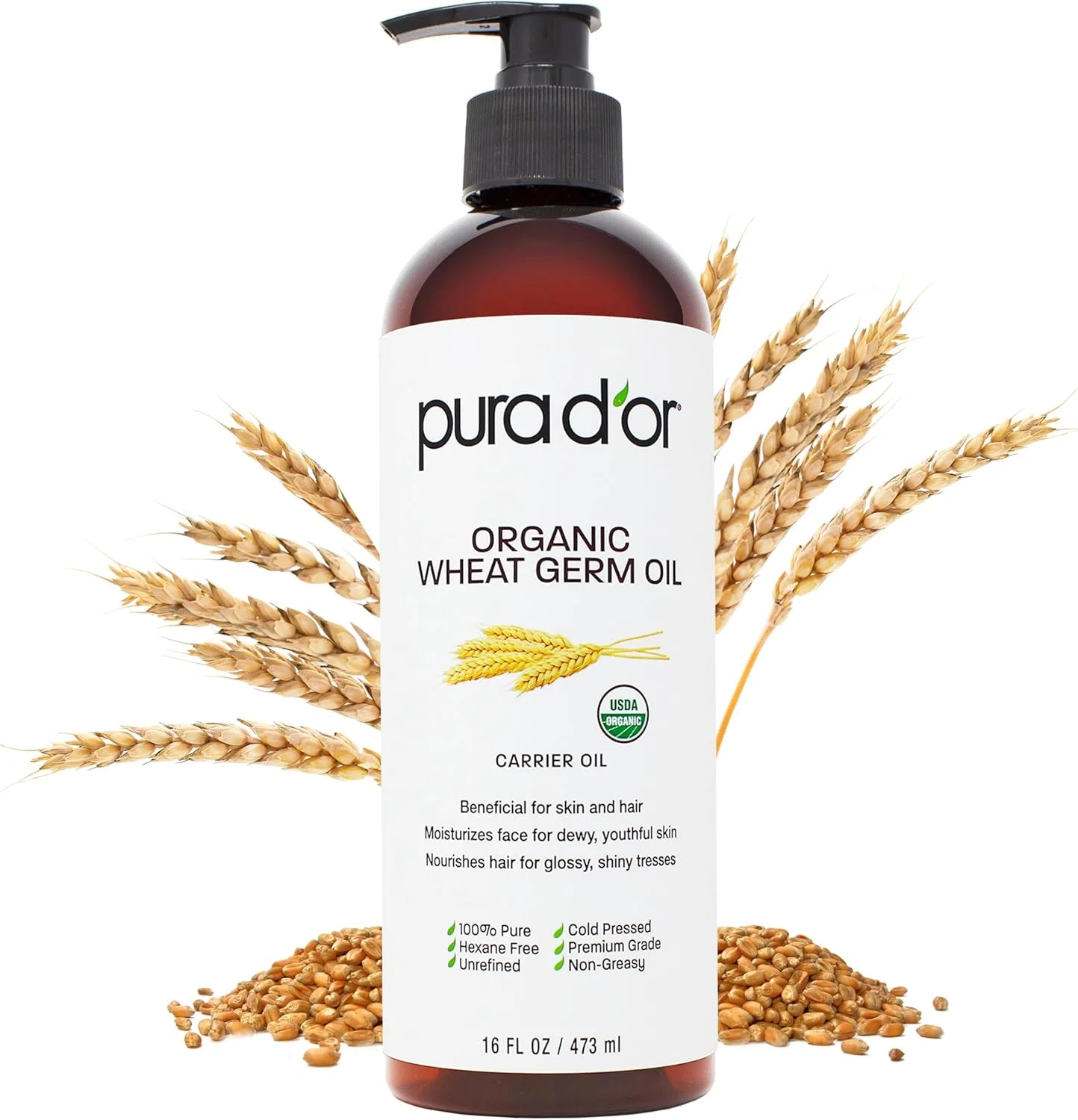 روغن جوانه گندم ارگانیک ۱۶ اونسی PURA D'OR - ۱۰۰٪ خالص و طبیعی دارای گواهی USDA، روغن حامل پرس سرد - غنی از ویتامین E، مرطوب کننده و مغذی، دارای خواص ضد پیری - رشد سالم مو و مراقبت از پوست