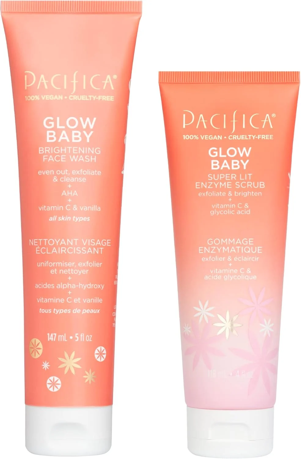 شوینده روشن کننده صورت و اسکراب آنزیمی صورت پسیفیکا بیوتی، ویتامین C، گلیکولیک اسید، AHA، ویتامین E، پاک کننده، لایه بردار، نرم و لطیف کننده، منافذ مسدود شده، ملایم برای پوست، وگان