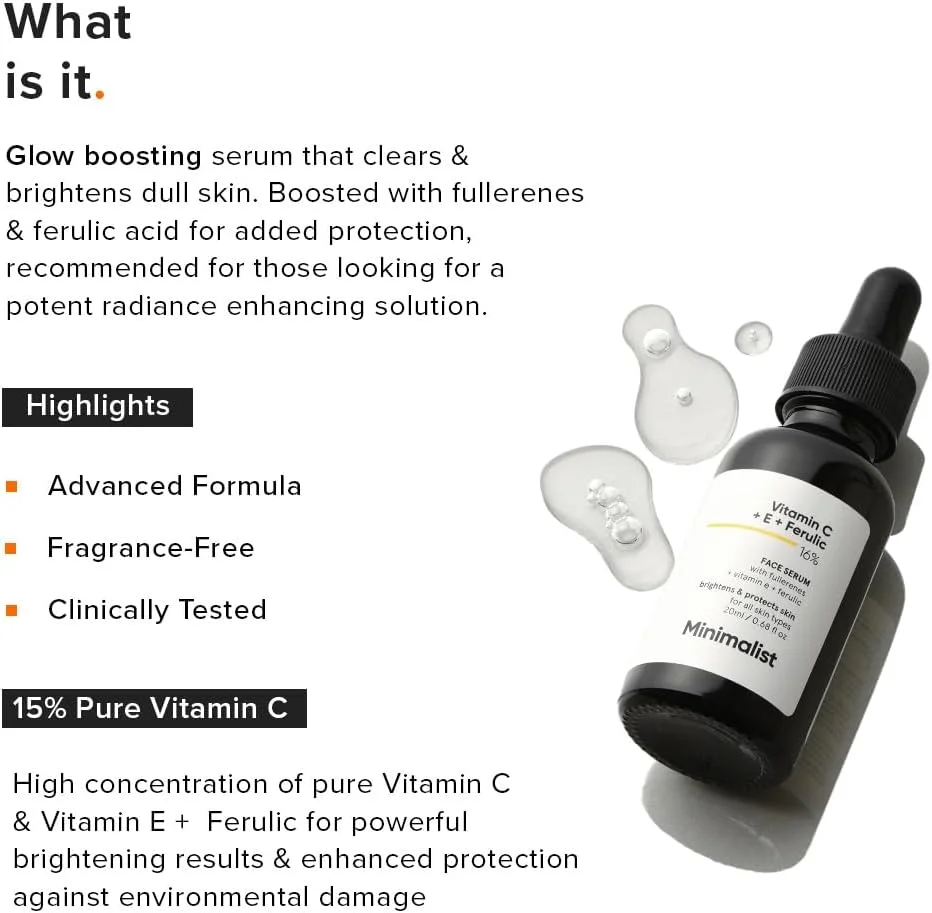 سرم صورت ویتامین C 16% مینیمالیست (پیشرفته) با ویتامین E و اسید فرولیک برای پوست درخشان | فرمول روشن کننده پیشرفته با قدرت ویتامین C و E، اسید فرولیک و فولرن ها