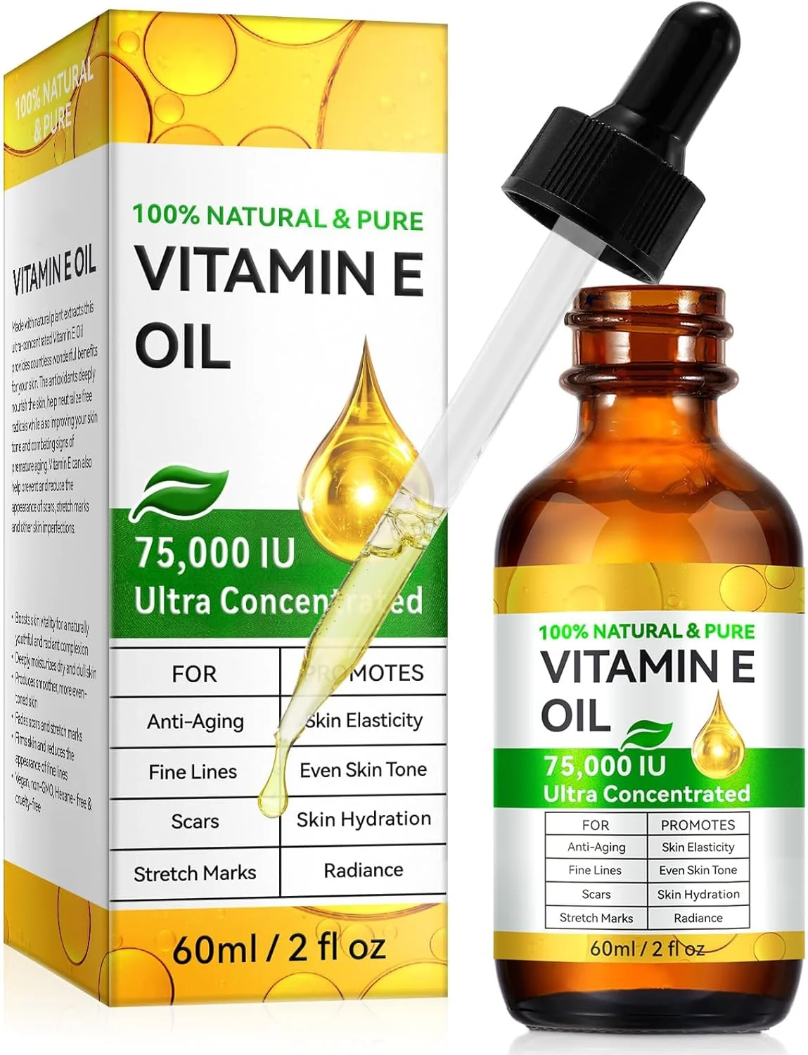 روغن ویتامین E LBOYLOVE®، 75000 واحد بین المللی، روغن ویتامین E 100% خالص و طبیعی برای پوست، صورت، مو، ناخن و جای زخم، ترمیم کننده و مرطوب کننده پوست خشک و چین و چروک، آنتی اکسیدان طبیعی در برابر خشکی