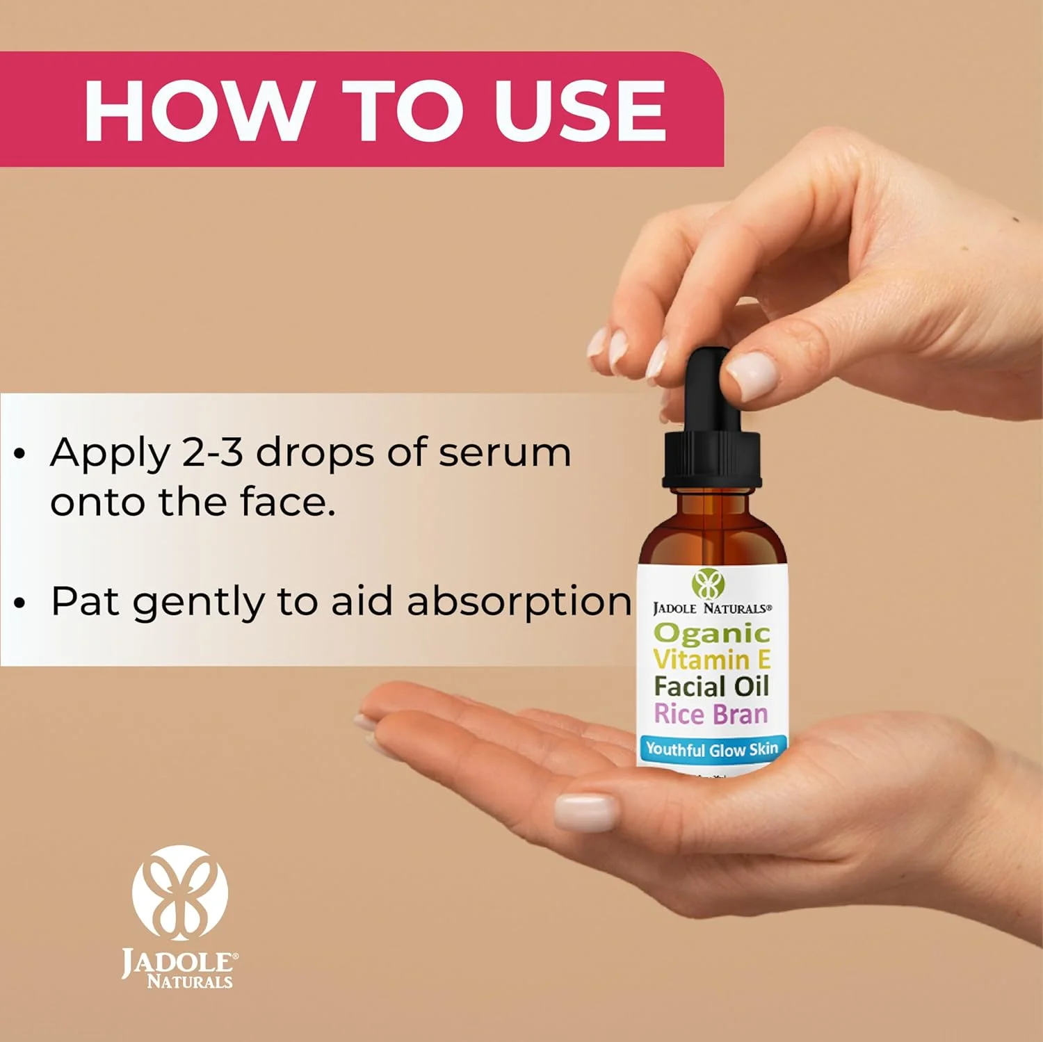 سرم صورت روغن ویتامین E و سبوس برنج ارگانیک Jadole Naturals - 30 میلی لیتر برای درخشش جوانی | فرمول مغذی روغن های ضروری جوجوبا، آووکادو و اسطوخودوس برای ترمیم پوست آسیب دیده، آبرسانی و روشن شدن پوست