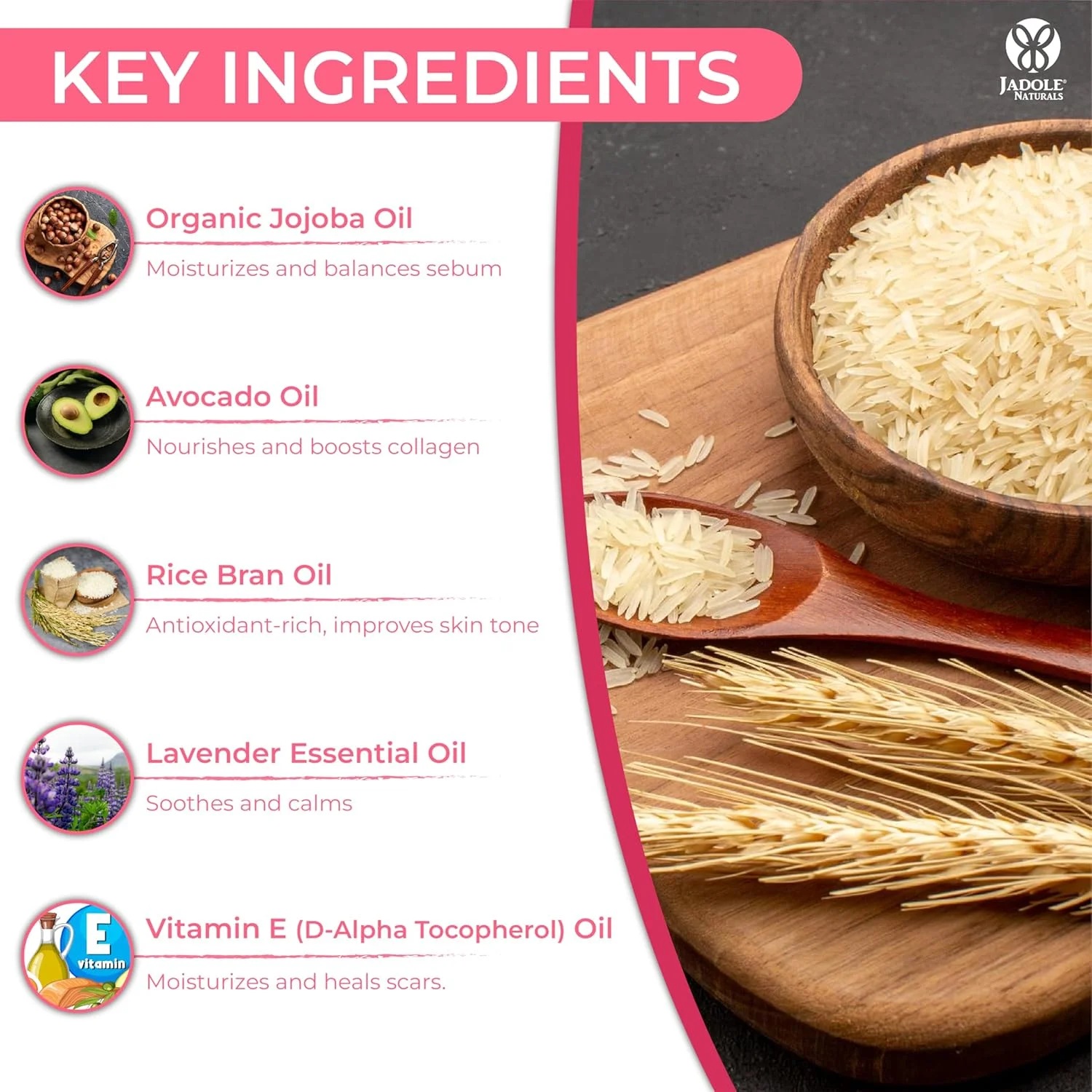 سرم صورت روغن ویتامین E و سبوس برنج ارگانیک Jadole Naturals - 30 میلی لیتر برای درخشش جوانی | فرمول مغذی روغن های ضروری جوجوبا، آووکادو و اسطوخودوس برای ترمیم پوست آسیب دیده، آبرسانی و روشن شدن پوست
