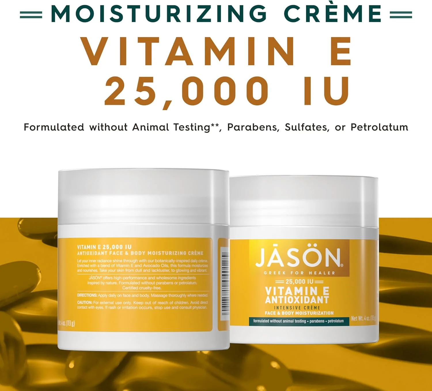 کرم مرطوب کننده ویتامین ای 25000 واحد بین المللی جیسون | تجدید جوانی پوست | بدون پارابن، اس ال اس، پترولاتوم، رنگ های مصنوعی یا فتالات | بدون تست حیوانی | 113 گرم