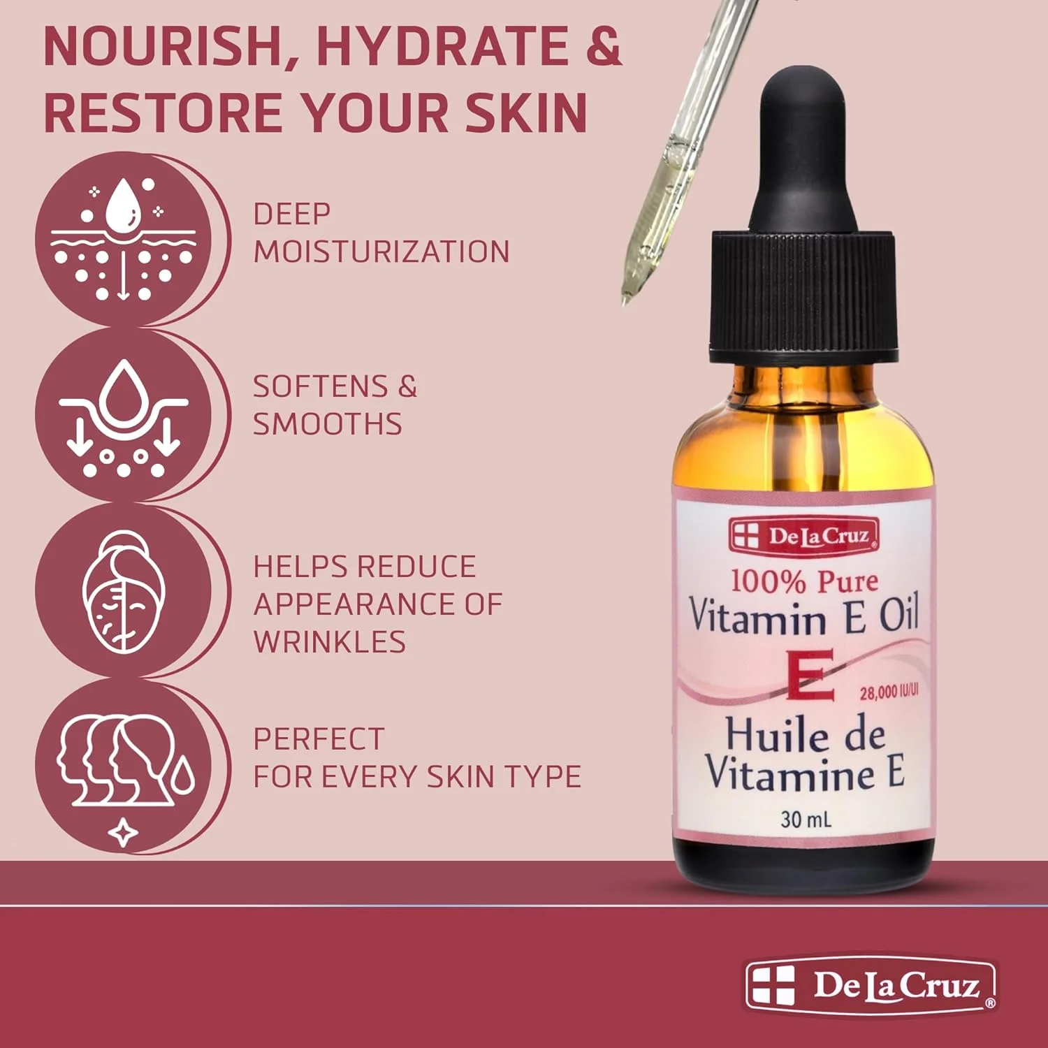 روغن ویتامین ای دی لا کروز برای صورت، 28000 واحد بین المللی - بدون مواد نگهدارنده، رنگ های مصنوعی یا عطر، 30 میلی لیتر