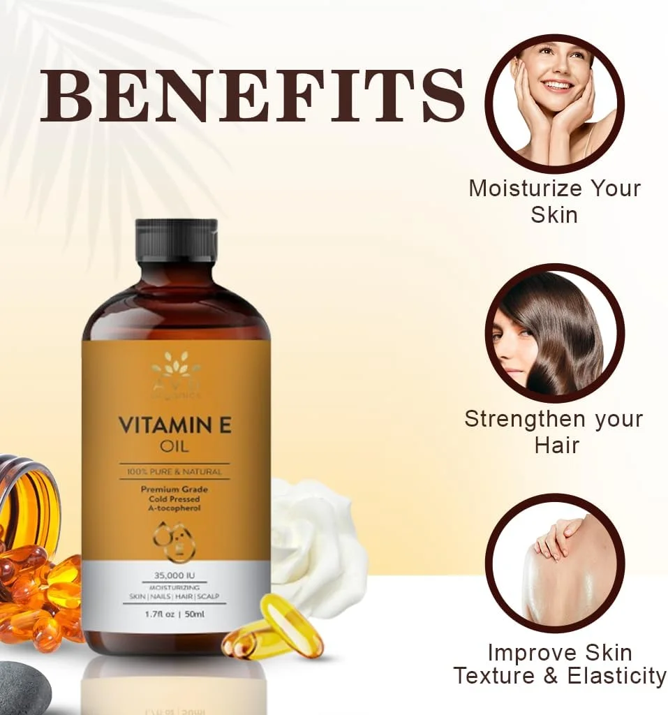 روغن ویتامین E ارگانیک AVD 100% خالص | 35000 واحد بین المللی توکوفرول پرس سرد | روغن ویتامین E طبیعی برای مو و مرطوب کننده پوست صورت، بدن و ناخن | 50 میلی لیتر روغن ویتامین E ارگانیک AVD 100% خالص | 35000 واحد بین المللی توکوفرول پرس سرد | روغن ویتامین E طبیعی برای مو و مرطوب کننده پوست صورت، بدن و ناخن | 50 میلی لیتر