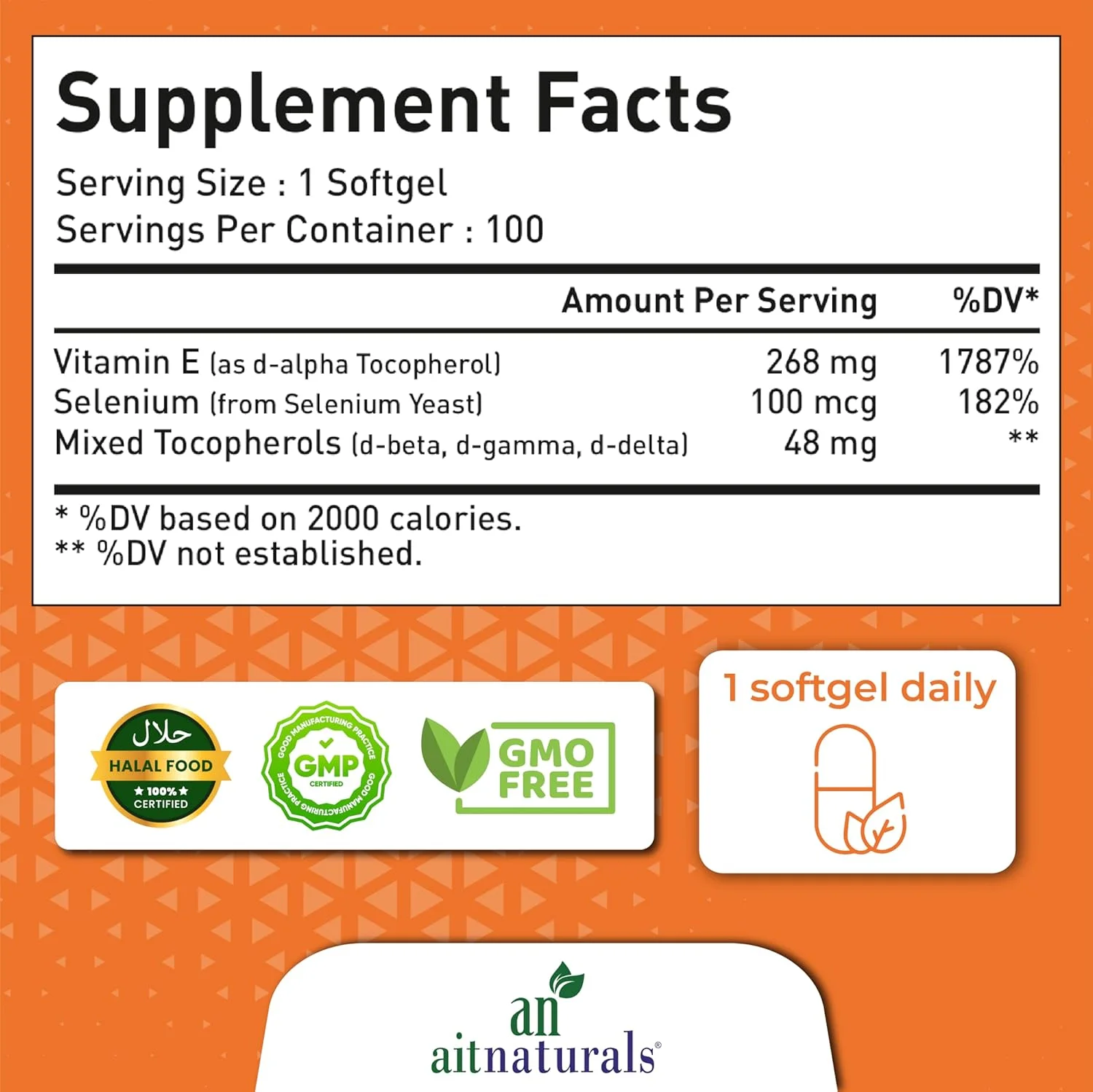 آیت نچرالز ویتامین ای 400 واحد بین المللی 100 سافت ژل مخلوط با توکوفرول ها و سلنیوم (100 میکروگرم) | پشتیبانی از سیستم ایمنی، سلامت پوست و هضم، جلوگیری از پیری زودرس سلول ها، مبارزه با رادیکال های آزاد، آنتی اکسیدان