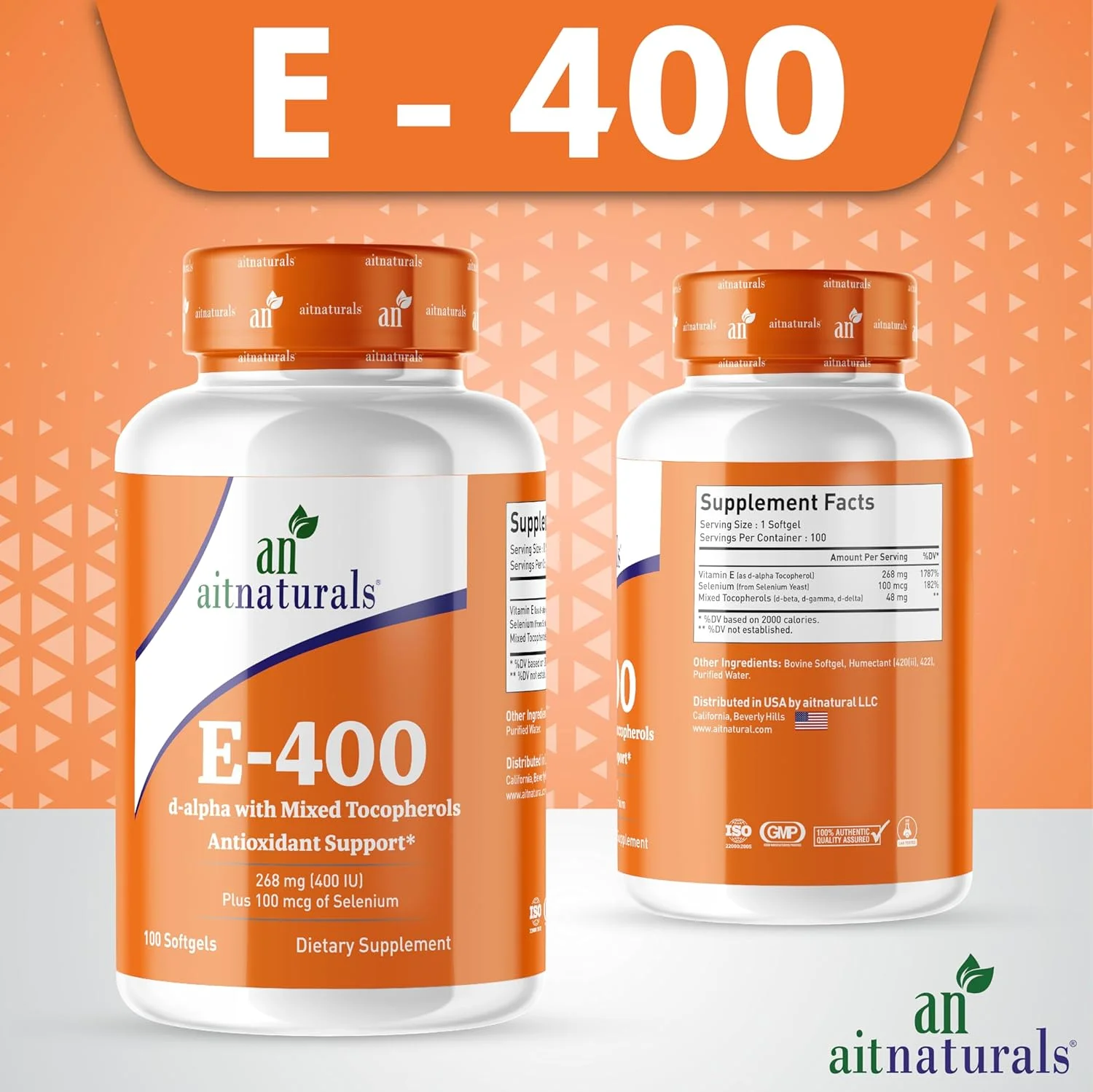 آیت نچرالز ویتامین ای 400 واحد بین المللی 100 سافت ژل مخلوط با توکوفرول ها و سلنیوم (100 میکروگرم) | پشتیبانی از سیستم ایمنی، سلامت پوست و هضم، جلوگیری از پیری زودرس سلول ها، مبارزه با رادیکال های آزاد، آنتی اکسیدان