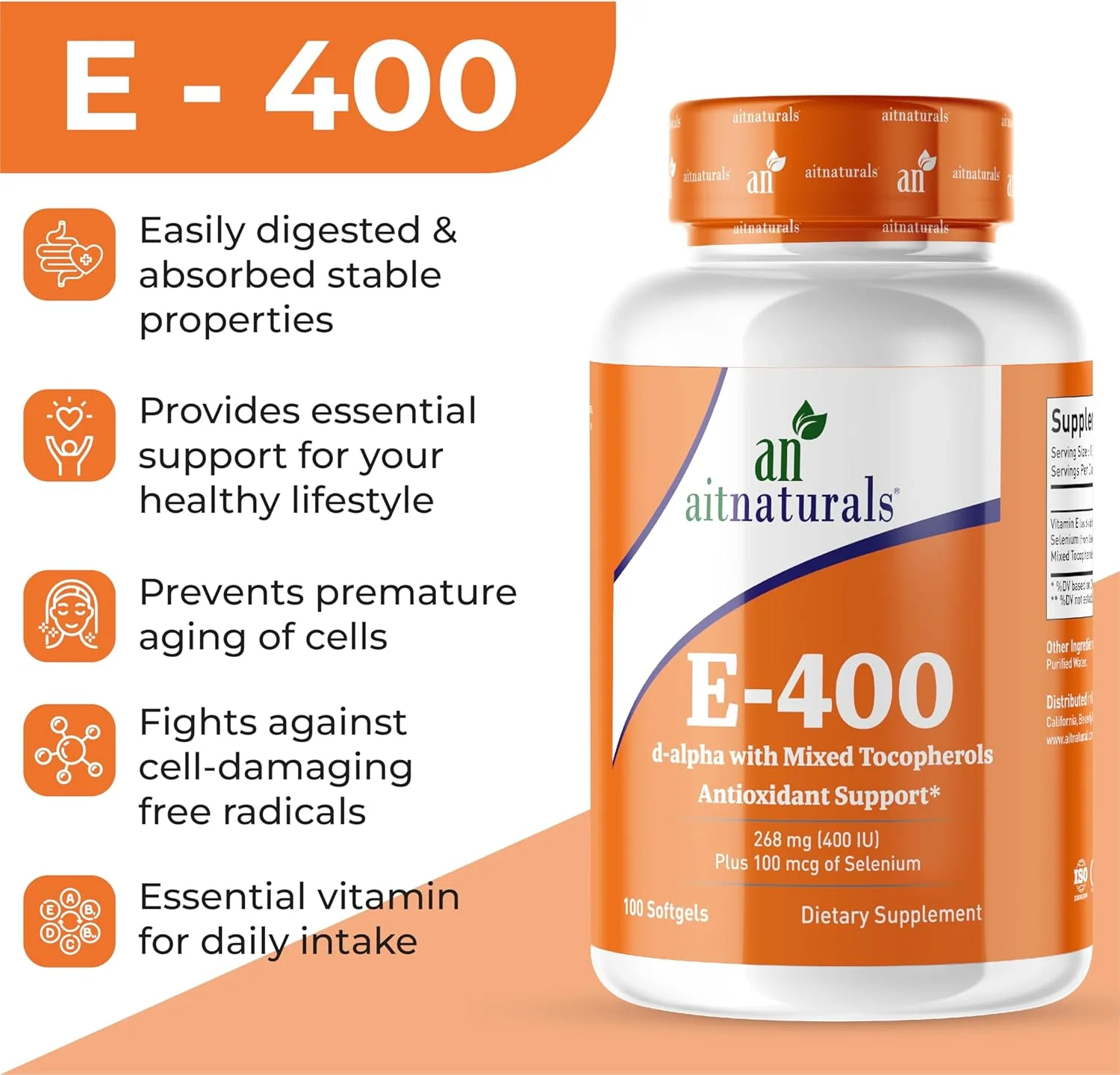 آیت نچرالز ویتامین ای 400 واحد بین المللی 100 سافت ژل مخلوط با توکوفرول ها و سلنیوم (100 میکروگرم) | پشتیبانی از سیستم ایمنی، سلامت پوست و هضم، جلوگیری از پیری زودرس سلول ها، مبارزه با رادیکال های آزاد، آنتی اکسیدان