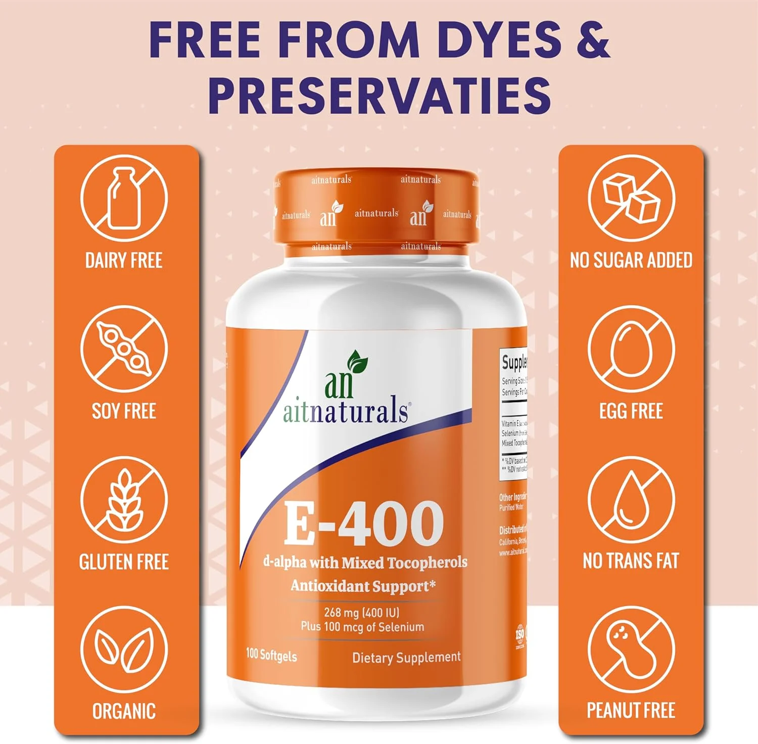 آیت نچرالز ویتامین ای 400 واحد بین المللی 100 سافت ژل مخلوط با توکوفرول ها و سلنیوم (100 میکروگرم) | پشتیبانی از سیستم ایمنی، سلامت پوست و هضم، جلوگیری از پیری زودرس سلول ها، مبارزه با رادیکال های آزاد، آنتی اکسیدان