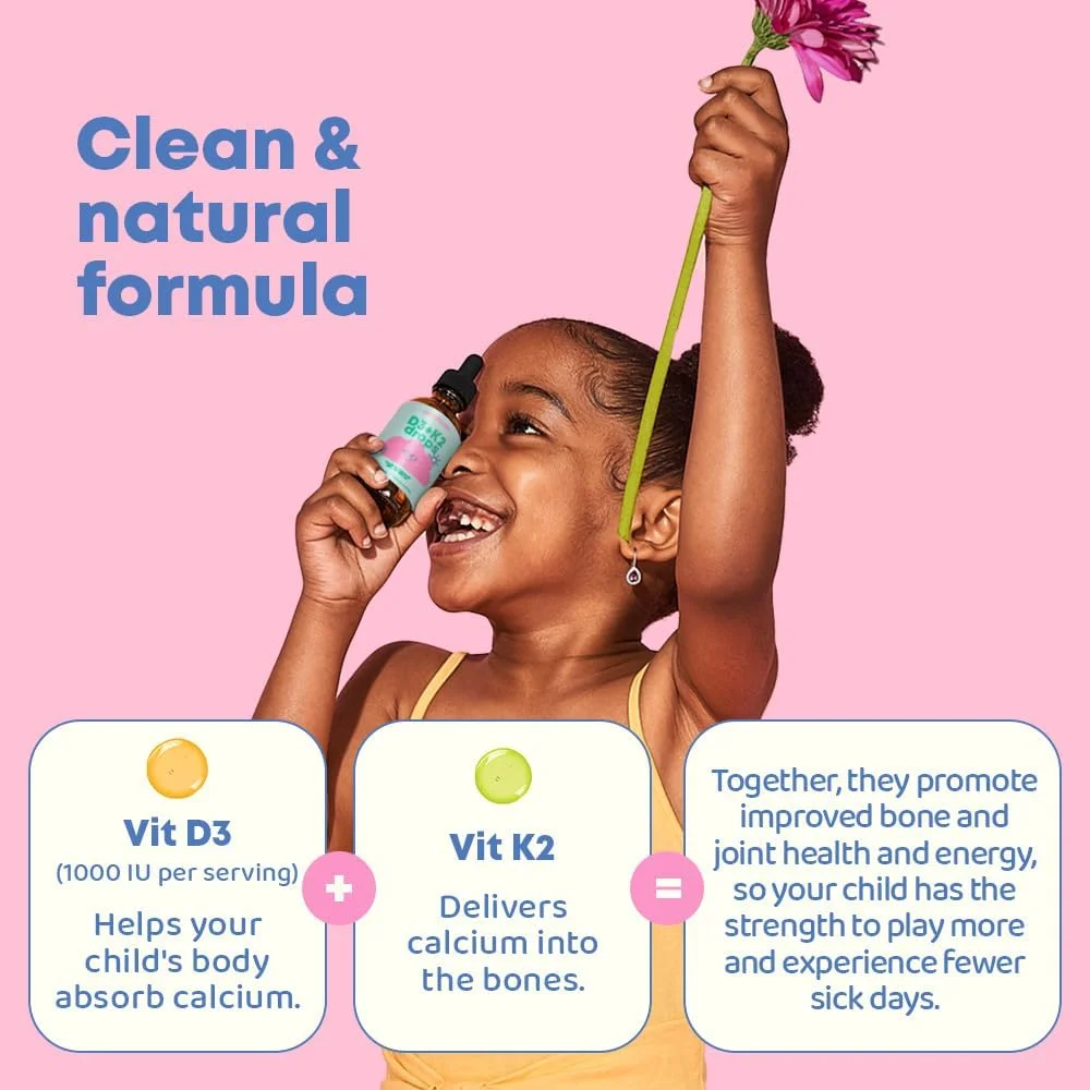 Vitamin D3 K2 Kids Vitamins - Vitamin K2 & Vitamin D 1000 iu - Liquid Vitamin D3 with K2 Vitamin D for Kids - Immune Support for Kids - K2 D3 Vitamin D Drops for Immune Support & Heart Health Vitamin D3 K2 Kids Vitamins - Vitamin K2 & Vitamin D 1000 iu - Liquid Vitamin D3 with K2 Vitamin D for Kids - Immune Support for Kids - K2 D3 Vitamin D Drops for Immune Support & Heart Health