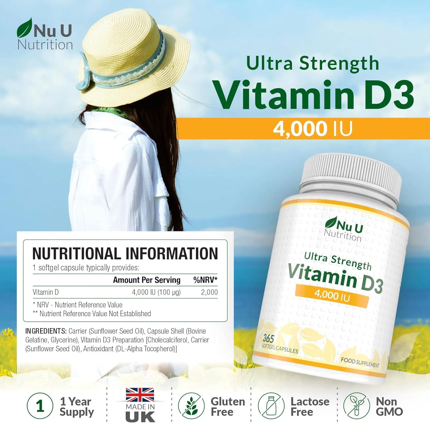 ویتامین D 4000 IU، 365 سافت ژل (کپسول نرم) - تامین یک سال کامل، بلع آسان، مکمل ویتامین D3 با قدرت چهار برابر، کوله کلسیفرول با قابلیت جذب بالا، فاقد گلوتن و لبنیات، تولید شده توسط Nu U Nutrition ویتامین D 4000 IU، 365 سافت ژل (کپسول نرم) - تامین یک سال کامل، بلع آسان، مکمل ویتامین D3 با قدرت چهار برابر، کوله کلسیفرول با قابلیت جذب بالا، فاقد گلوتن و لبنیات، تولید شده توسط Nu U Nutrition