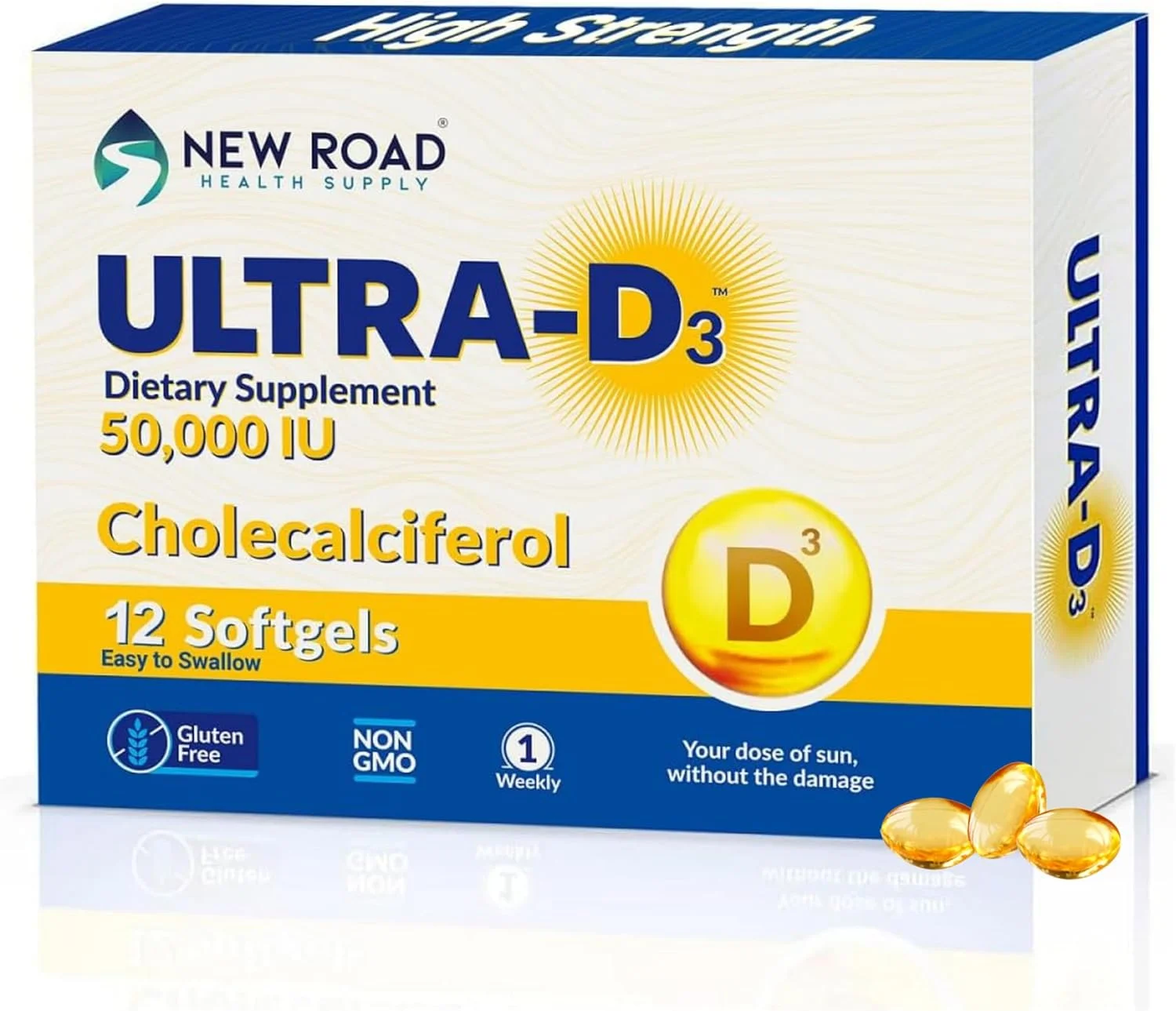 مکمل ULTRA-D3 New Road Health Supply، ویتامین D3 با قدرت بالا 50000 واحد بین المللی، سافت ژل یک بار در هفته، پشتیبانی از سلامت استخوان، دندان و سیستم ایمنی، بلع آسان، بدون گلوتن، 12 عدد