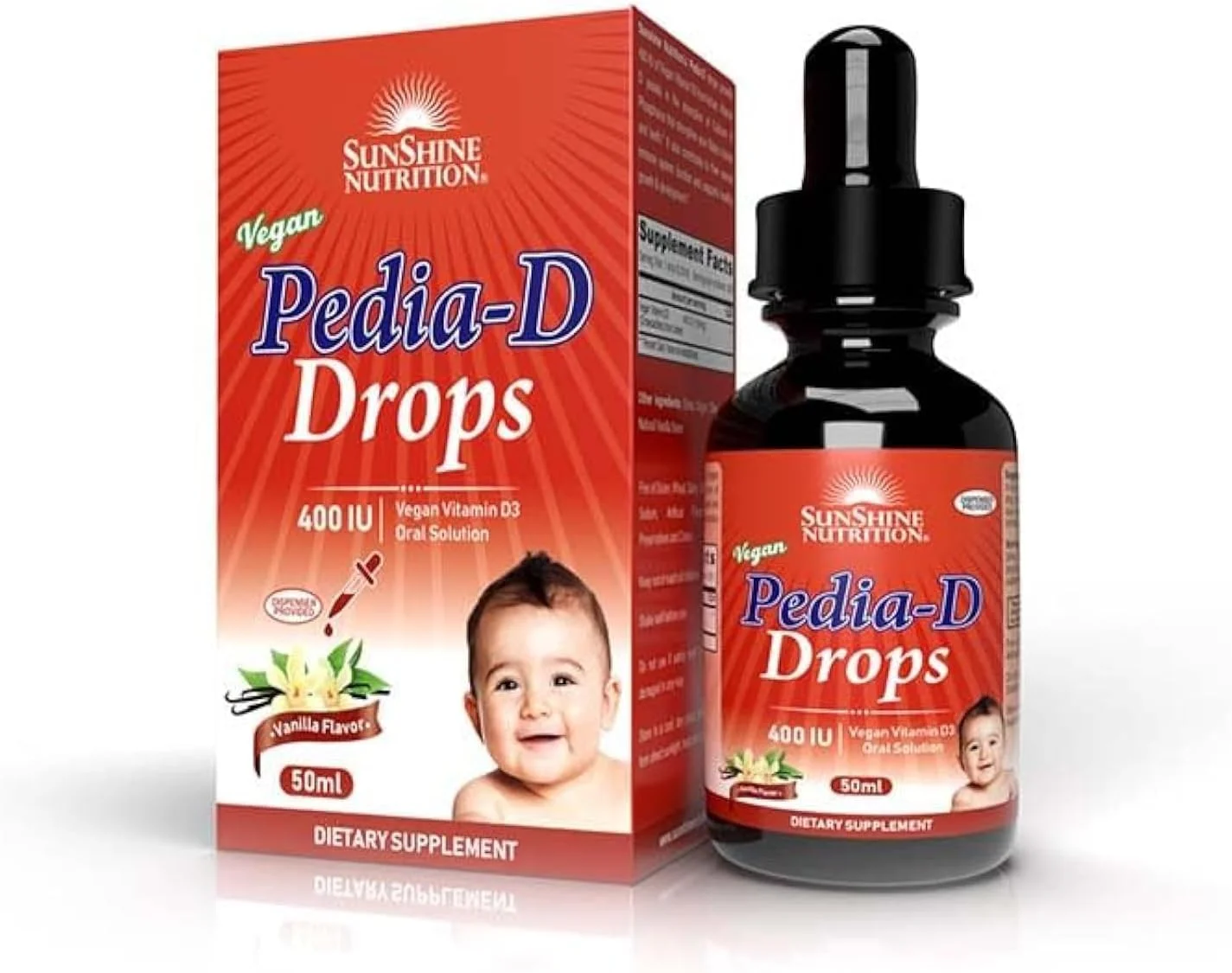 قطره های پدیا-دی سان شاین نوتریشن 400 واحد بین المللی | محلول خوراکی ویتامین D3 وگان | برای استخوان های سالم، قلب، رشد سالم مغز و ایمنی نوزاد | طعم وانیلی | 50 میلی لیتر