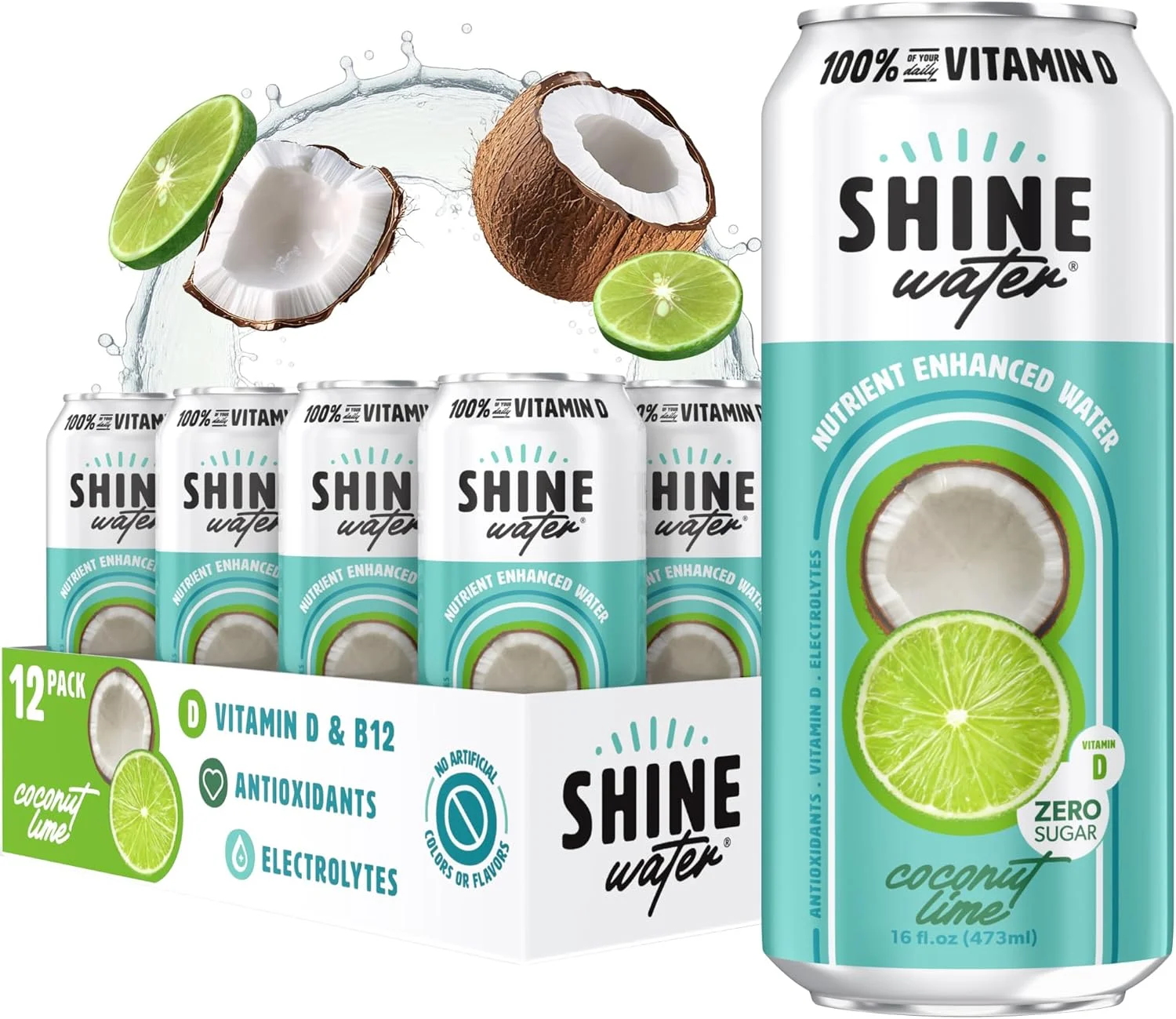 نوشیدنی الکترولیتی آبرسان ShineWater ویتامین D - آب طعم دار با الکترولیت ها، بدون شکر، منیزیم، روی، ویتامین B12، اسید فولیک، گیاهی، کم کالری - آب میوه نارگیل لیمویی 12 عددی