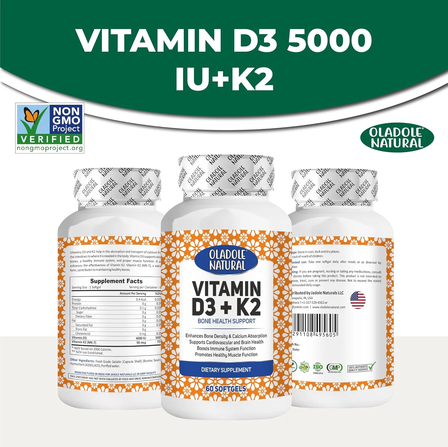 اولادول نچرال ویتامین D3 4000 IU + مکمل K2 - 60 سافت ژل، پشتیبانی از سلامت استخوان، ایمنی، عملکرد سالم عضلات و تراکم استخوان | بدون گلوتن، غیر GMO اولادول نچرال ویتامین D3 4000 IU + مکمل K2 - 60 سافت ژل، پشتیبانی از سلامت استخوان، ایمنی، عملکرد سالم عضلات و تراکم استخوان | بدون گلوتن، غیر GMO