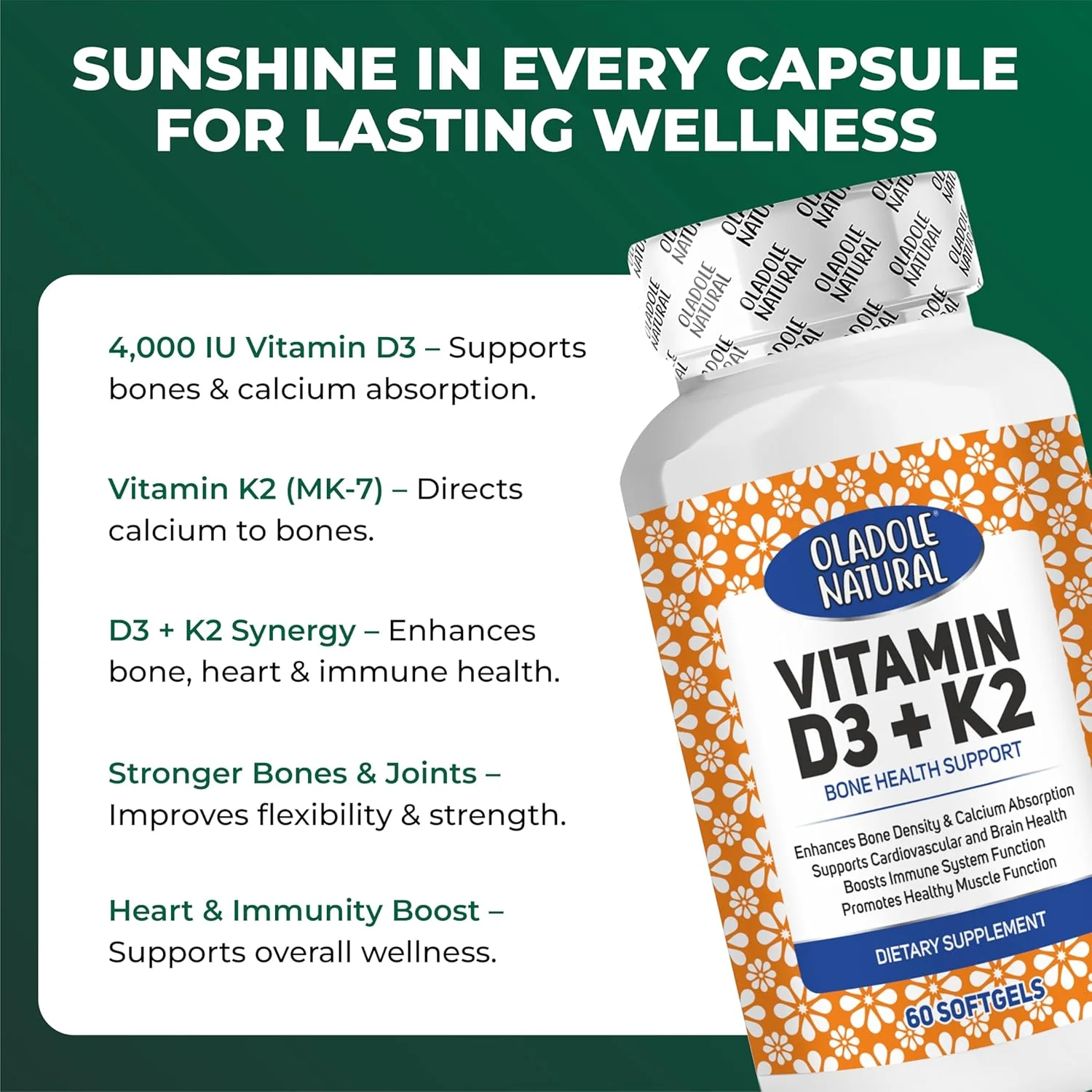 اولادول نچرال ویتامین D3 4000 IU + مکمل K2 - 60 سافت ژل، پشتیبانی از سلامت استخوان، ایمنی، عملکرد سالم عضلات و تراکم استخوان | بدون گلوتن، غیر GMO اولادول نچرال ویتامین D3 4000 IU + مکمل K2 - 60 سافت ژل، پشتیبانی از سلامت استخوان، ایمنی، عملکرد سالم عضلات و تراکم استخوان | بدون گلوتن، غیر GMO