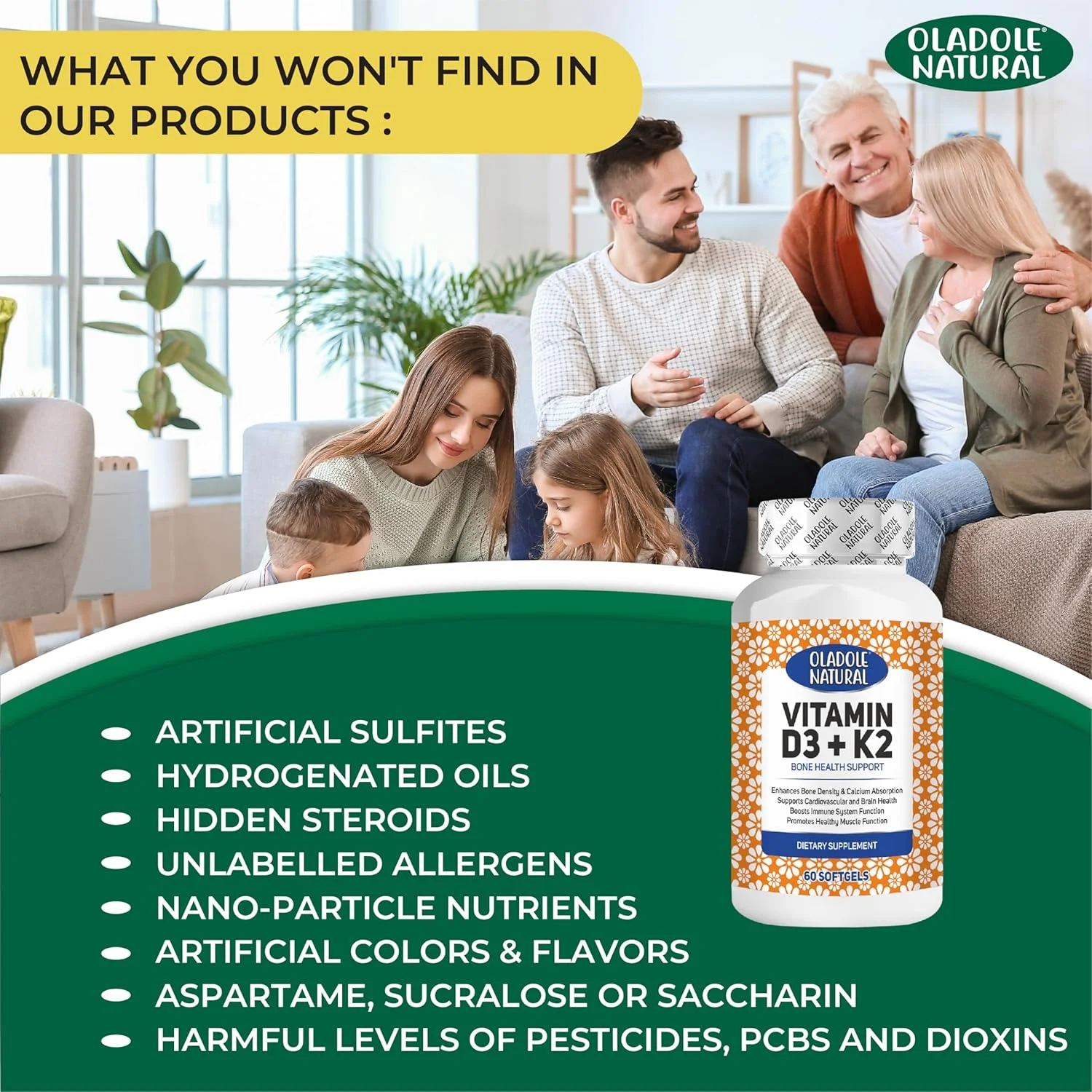 اولادول نچرال ویتامین D3 4000 IU + مکمل K2 - 60 سافت ژل، پشتیبانی از سلامت استخوان، ایمنی، عملکرد سالم عضلات و تراکم استخوان | بدون گلوتن، غیر GMO اولادول نچرال ویتامین D3 4000 IU + مکمل K2 - 60 سافت ژل، پشتیبانی از سلامت استخوان، ایمنی، عملکرد سالم عضلات و تراکم استخوان | بدون گلوتن، غیر GMO