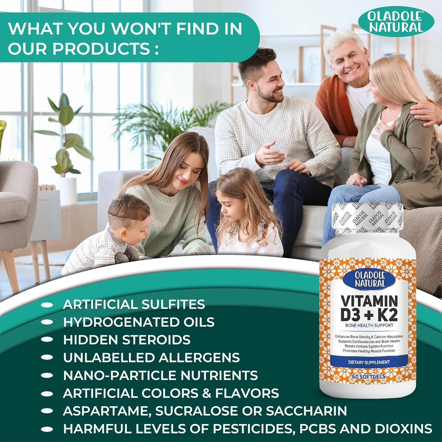 اولادول نچرال ویتامین D3 4000 IU + مکمل K2 - 60 سافت ژل، پشتیبانی از سلامت استخوان، ایمنی، عملکرد سالم عضلات و تراکم استخوان | بدون گلوتن، غیر GMO اولادول نچرال ویتامین D3 4000 IU + مکمل K2 - 60 سافت ژل، پشتیبانی از سلامت استخوان، ایمنی، عملکرد سالم عضلات و تراکم استخوان | بدون گلوتن، غیر GMO