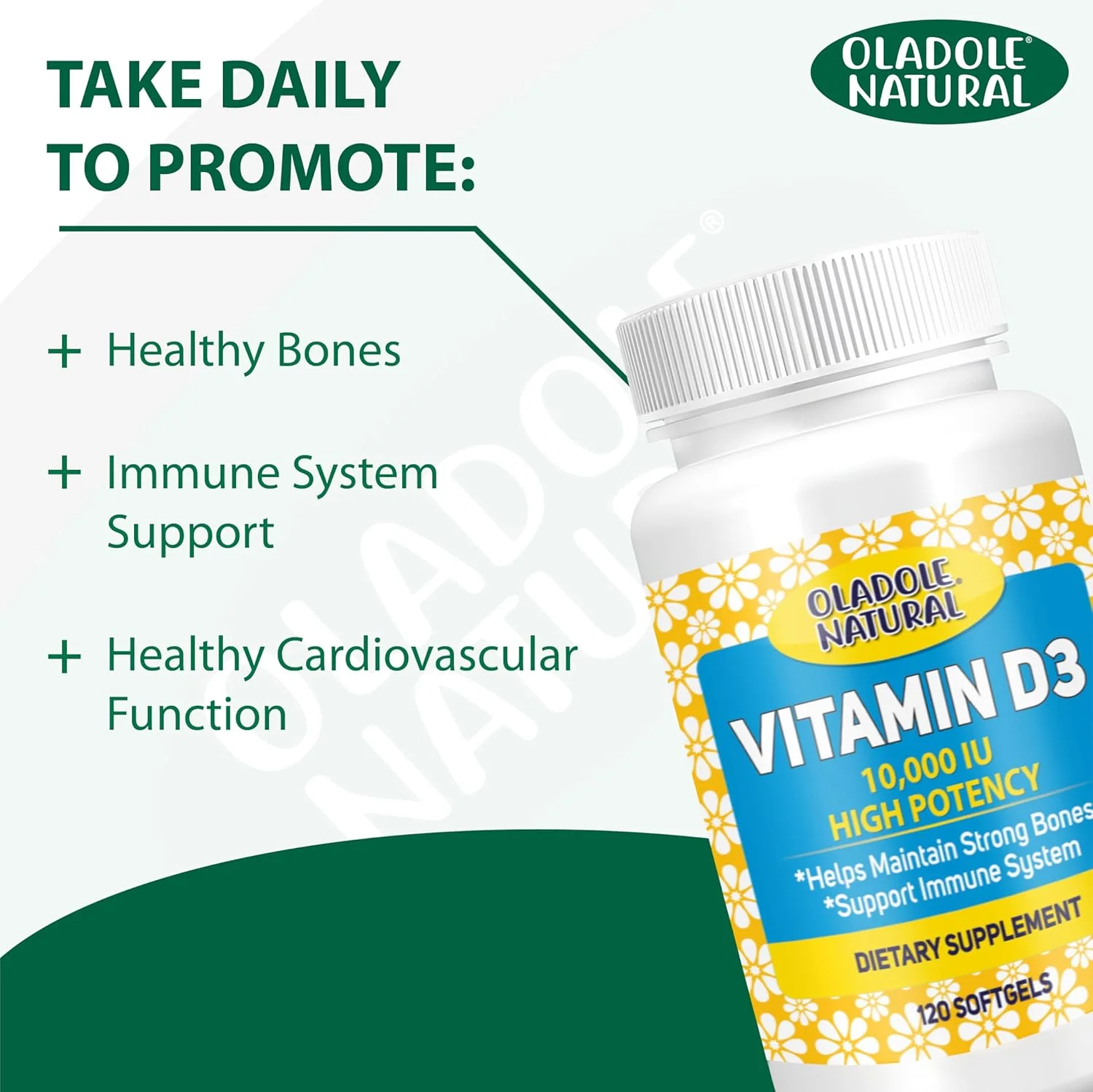 اولادول ویتامین D3 طبیعی 10000 واحد بین المللی - 120 سافت ژل | فرمول قوی برای حمایت از استخوان ها، دندان ها، عضلات و عملکرد سیستم ایمنی سالم | غیر GMO، بدون گلوتن | تقویت کننده خلق و خو، ضروری برای سلامتی روزانه اولادول ویتامین D3 طبیعی 10000 واحد بین المللی - 120 سافت ژل | فرمول قوی برای حمایت از استخوان ها، دندان ها، عضلات و عملکرد سیستم ایمنی سالم | غیر GMO، بدون گلوتن | تقویت کننده خلق و خو، ضروری برای سلامتی روزانه