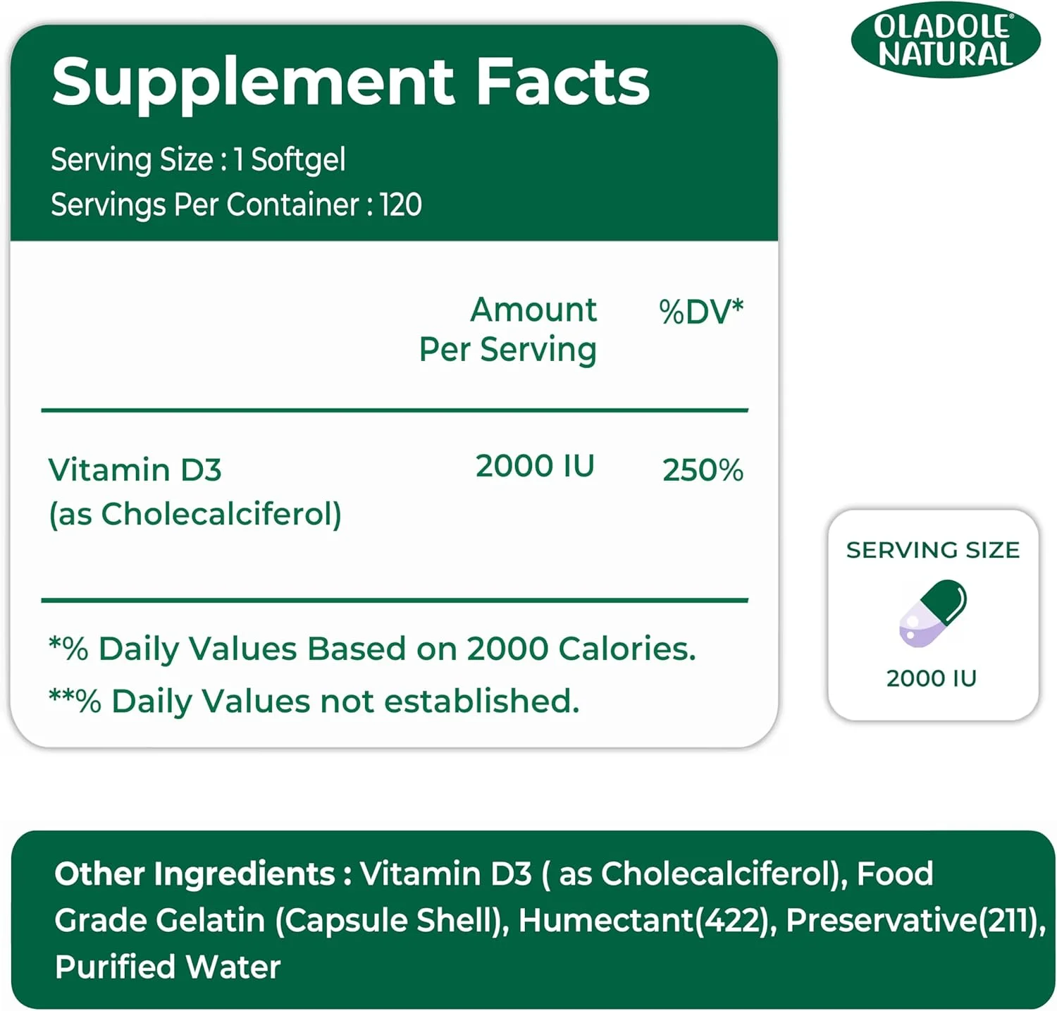 اولادول ویتامین D3 طبیعی 2000 واحد بین المللی - 120 سافت ژل | فرمول با قدرت بالا پشتیبانی از استخوان ها، دندان ها، عضلات، قلب و عملکرد سیستم ایمنی | غیر GMO، بدون گلوتن | ضروری برای سلامتی روزانه