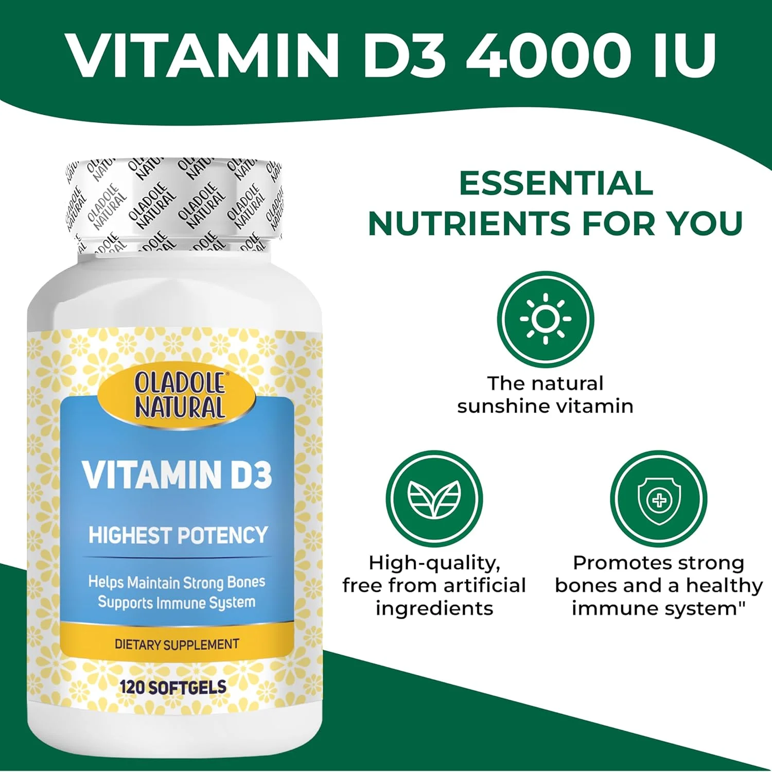 اولادول ویتامین D3 طبیعی 4000 واحد بین المللی - 120 سافت ژل | فرمول قوی از سلامت استخوان ها، دندان ها، عضلات و عملکرد سیستم ایمنی بدن پشتیبانی می کند | غیر GMO، بدون گلوتن | ضروری برای سلامتی روزانه اولادول ویتامین D3 طبیعی 4000 واحد بین المللی - 120 سافت ژل | فرمول قوی از سلامت استخوان ها، دندان ها، عضلات و عملکرد سیستم ایمنی بدن پشتیبانی می کند | غیر GMO، بدون گلوتن | ضروری برای سلامتی روزانه