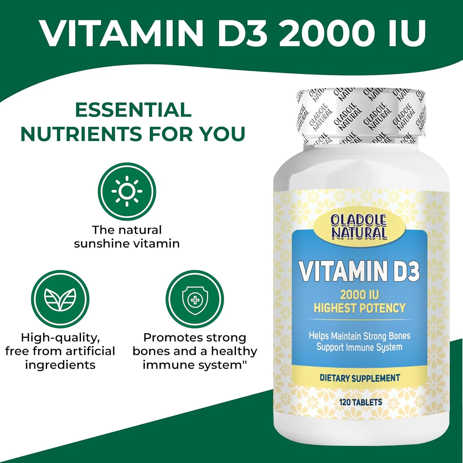 اولادول ویتامین D3 طبیعی 2000 واحد بین المللی - 120 سافت ژل | فرمول با قدرت بالا پشتیبانی از استخوان ها، دندان ها، عضلات، قلب و عملکرد سیستم ایمنی | غیر GMO، بدون گلوتن | ضروری برای سلامتی روزانه