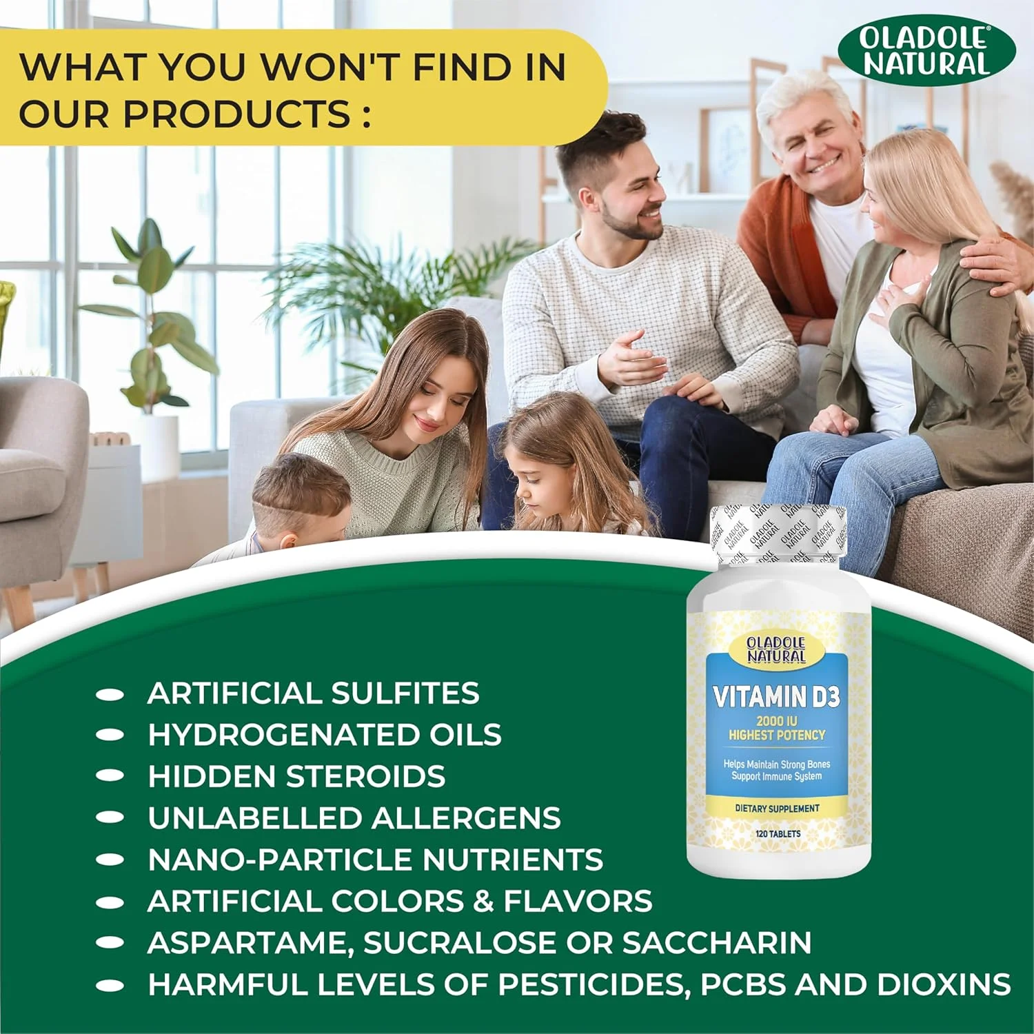اولادول ویتامین D3 طبیعی 2000 واحد بین المللی - 120 سافت ژل | فرمول با قدرت بالا پشتیبانی از استخوان ها، دندان ها، عضلات، قلب و عملکرد سیستم ایمنی | غیر GMO، بدون گلوتن | ضروری برای سلامتی روزانه