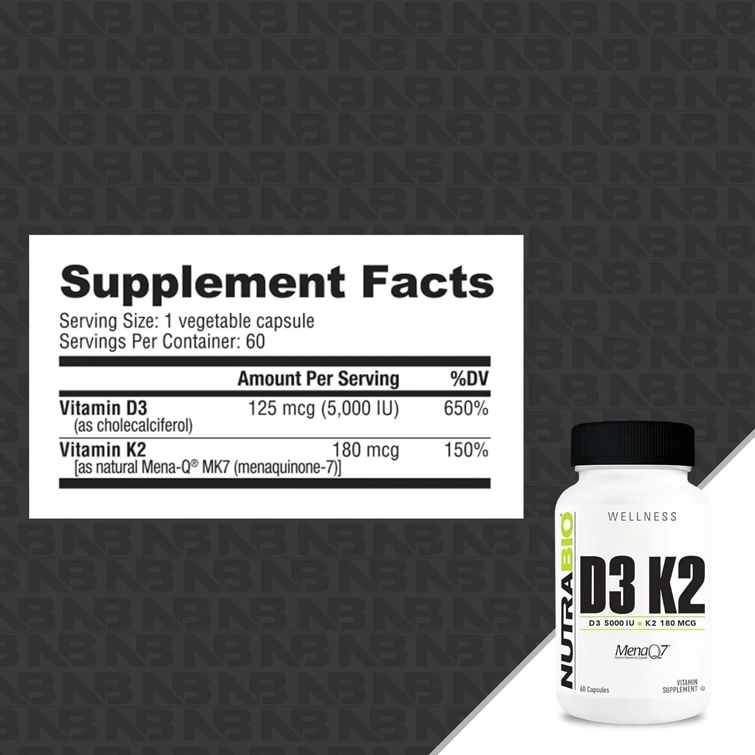NutraBio ویتامین D3 K2 | 5000 واحد بین المللی D3 به عنوان کوله کلسیفرول با ویتامین K2 به عنوان MENA-Q MK7 (180 میکروگرم) | پشتیبانی از سلامت استخوان و قلب | غیر GMO، بدون گلوتن، بدون لاکتوز | 60 کپسول گیاهی
