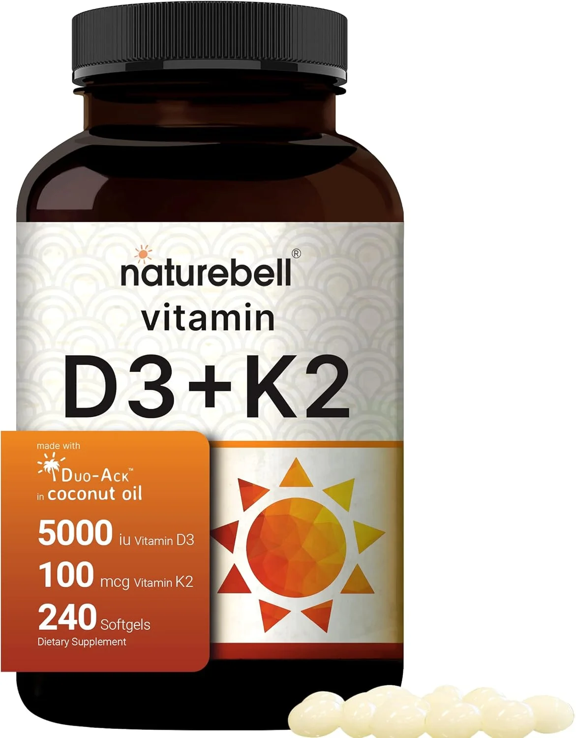 نچرال بل ویتامین D3 K2 (MK7) با روغن نارگیل بکر، 240 سافت ژل، ویتامین D3 5000 IU و K2 MK7 100mcg، پشتیبانی 2 در 1، Duo-Ack | تامین 8 ماهه | تست شده توسط شخص ثالث، غیر GMO و بدون گلوتن